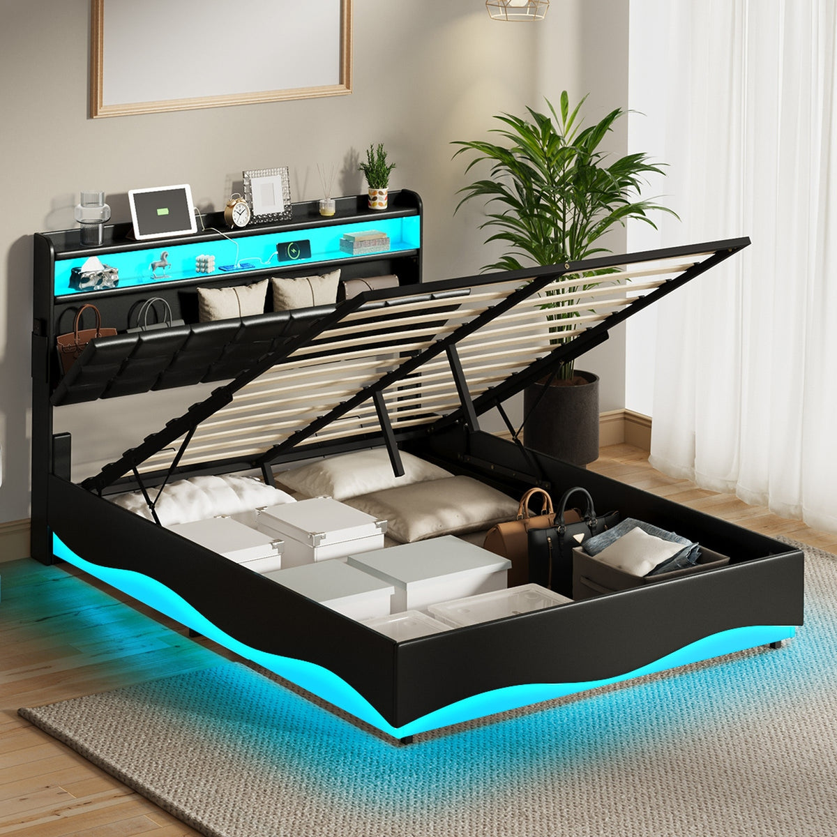 Oikiture Queen Size Bed Frame Gas Lift LED Storage Headboard USB Charging Black