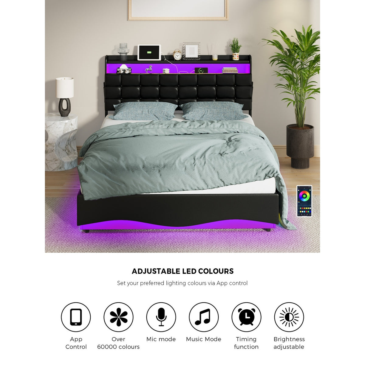 Oikiture Queen Size Bed Frame Gas Lift LED Storage Headboard USB Charging Black