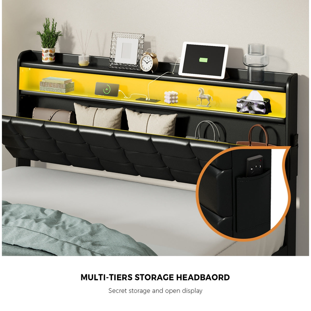 Oikiture Queen Size Bed Frame Gas Lift LED Storage Headboard USB Charging Black