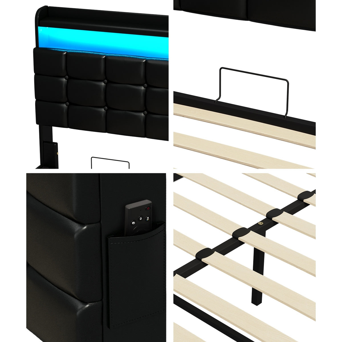 Oikiture Queen Size Bed Frame Gas Lift LED Storage Headboard USB Charging Black