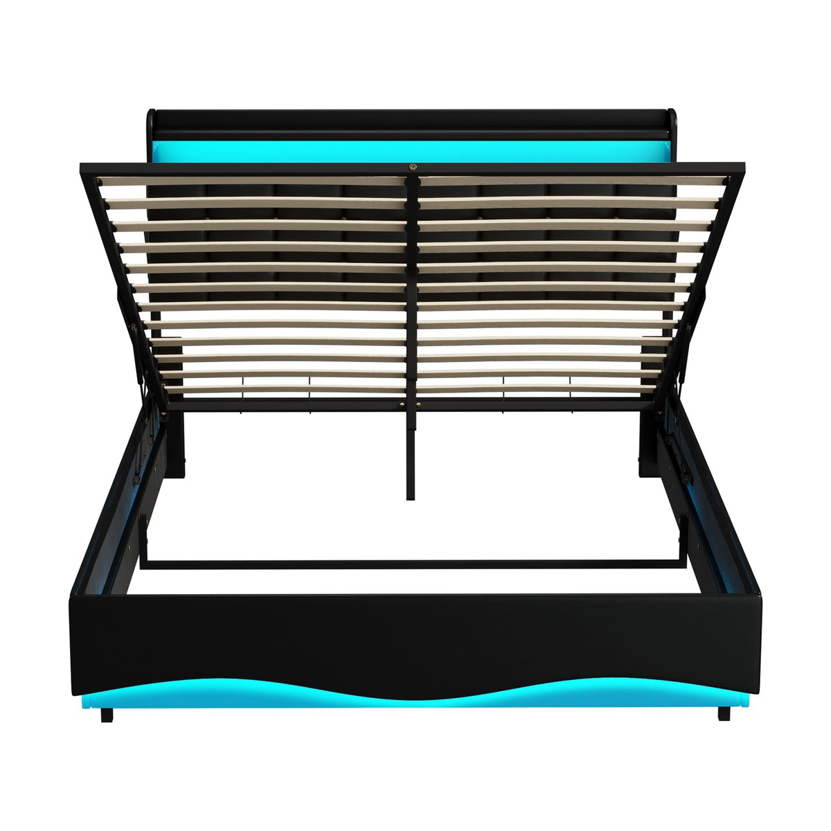 Oikiture Queen Size Bed Frame Gas Lift LED Storage Headboard USB Charging Black
