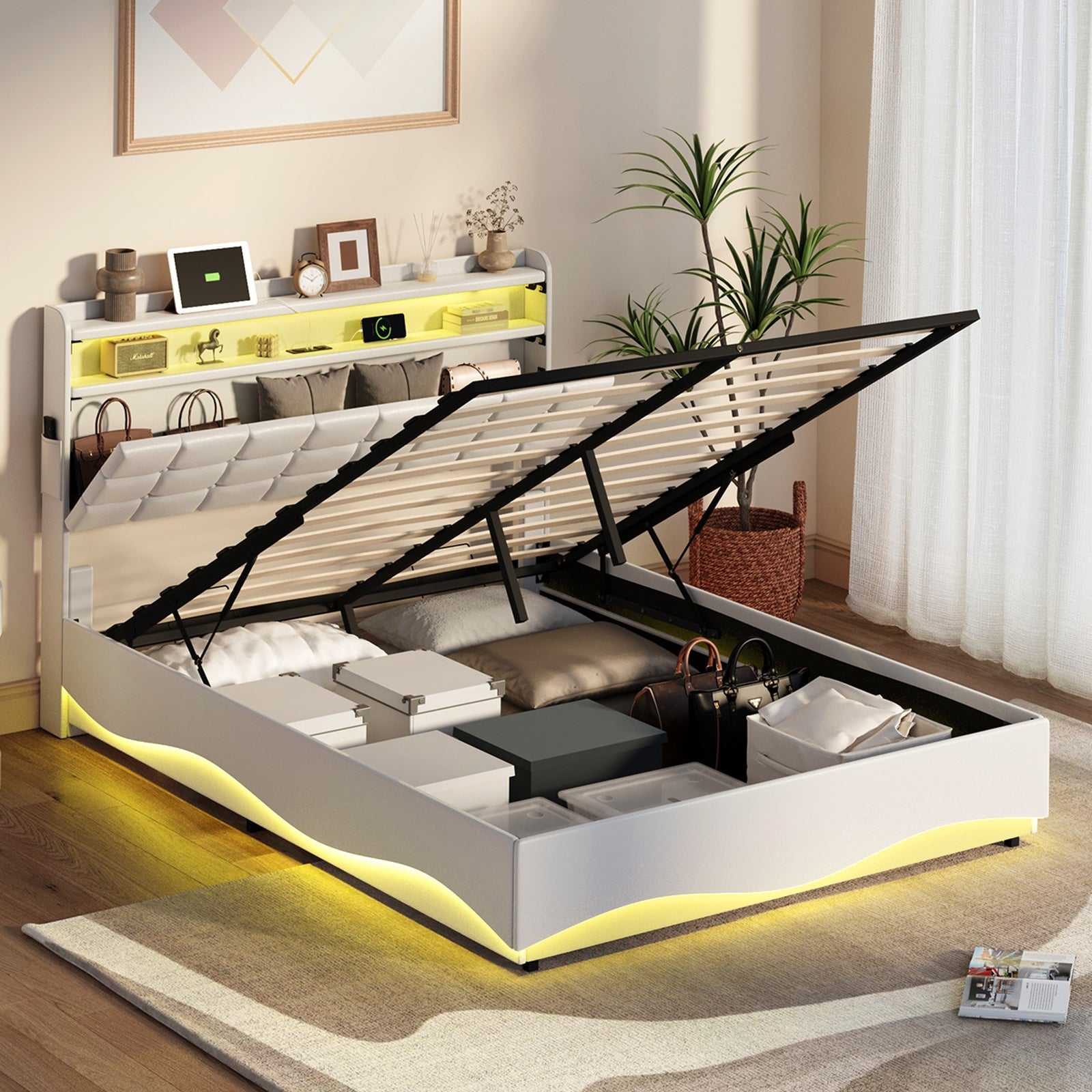 Oikiture Queen Size Bed Frame LED Light Gas Lift Storage Headboard USB Charging - Sunyee