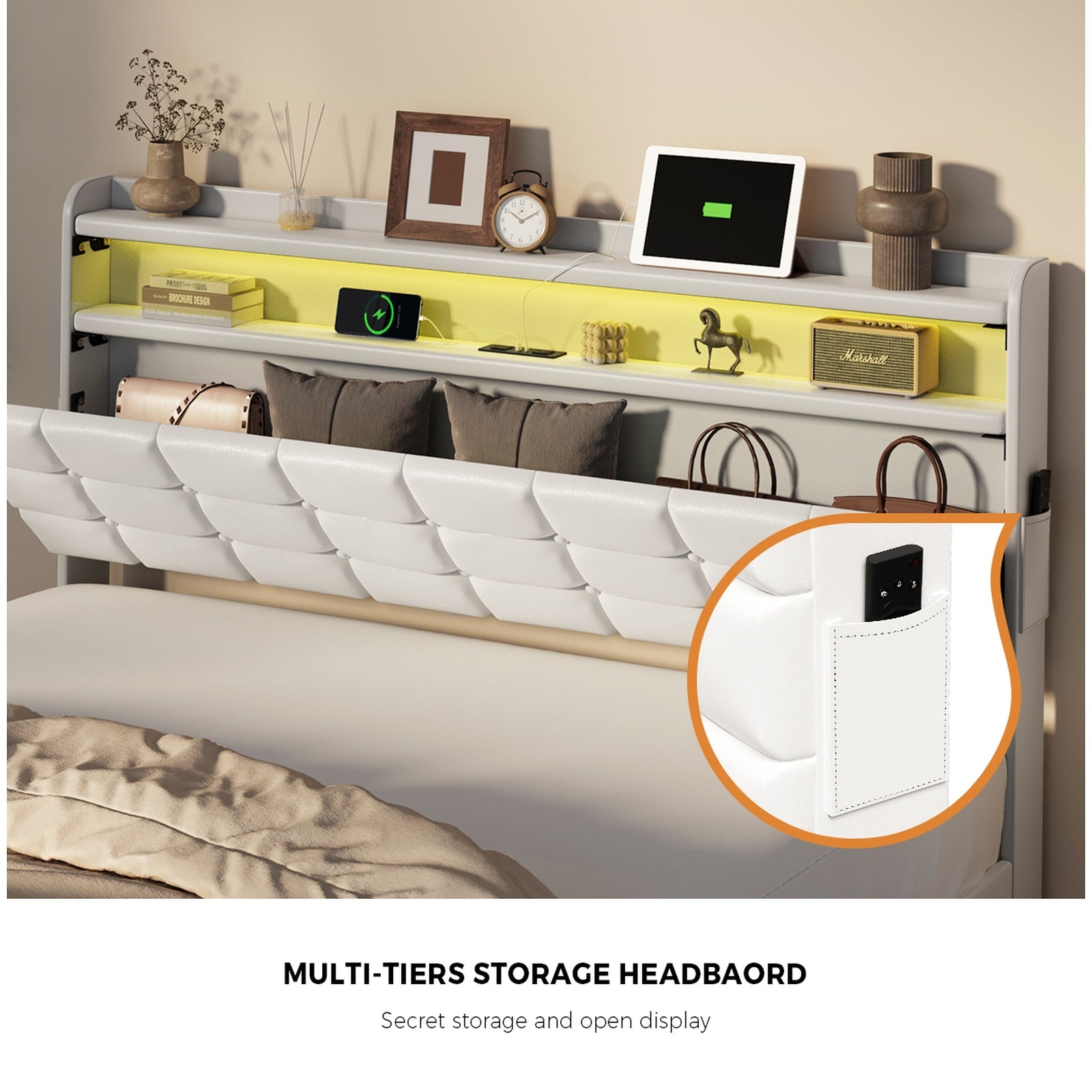 Oikiture Queen Size Bed Frame LED Light Gas Lift Storage Headboard USB Charging - Sunyee