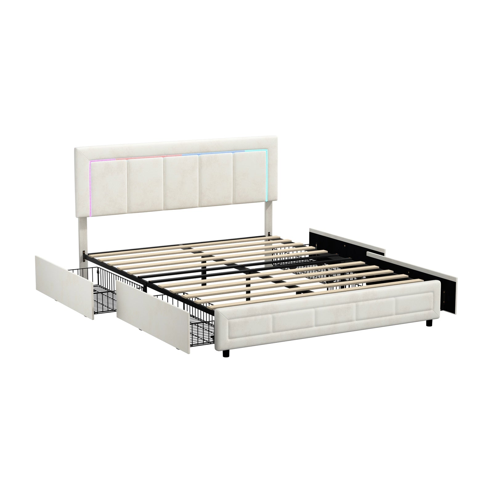 Oikiture LED Bed Frame Double Size with 4 Drawers Adjustable Headboard Beige - Sunyee
