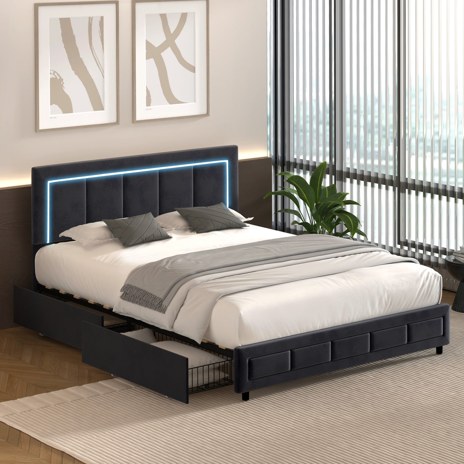 Oikiture LED Bed Frame Queen Doble Size with 4 Drawers Adjustable Headboard - Sunyee