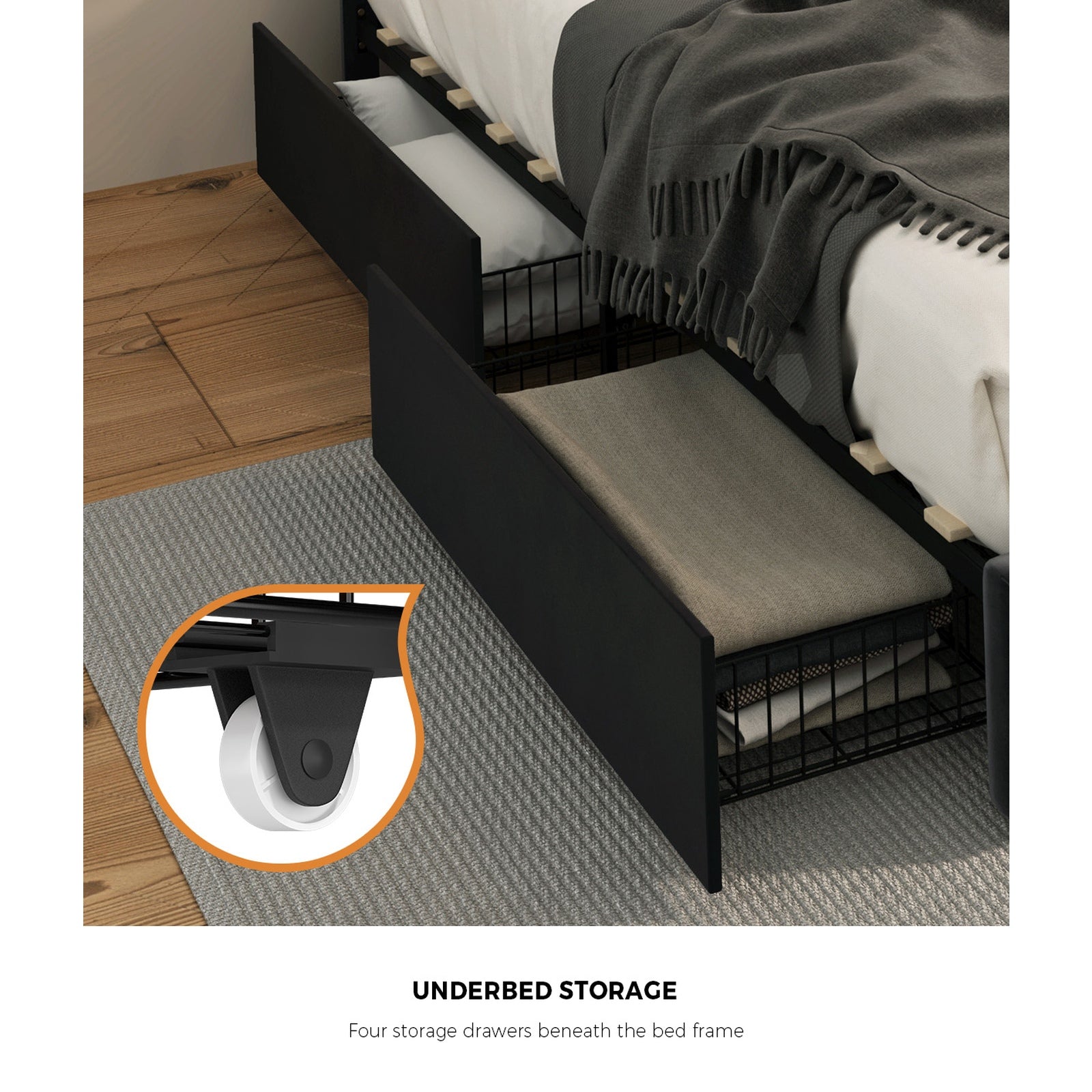 Oikiture LED Bed Frame Double Size with 4 Drawers Adjustable Headboard Black - Sunyee