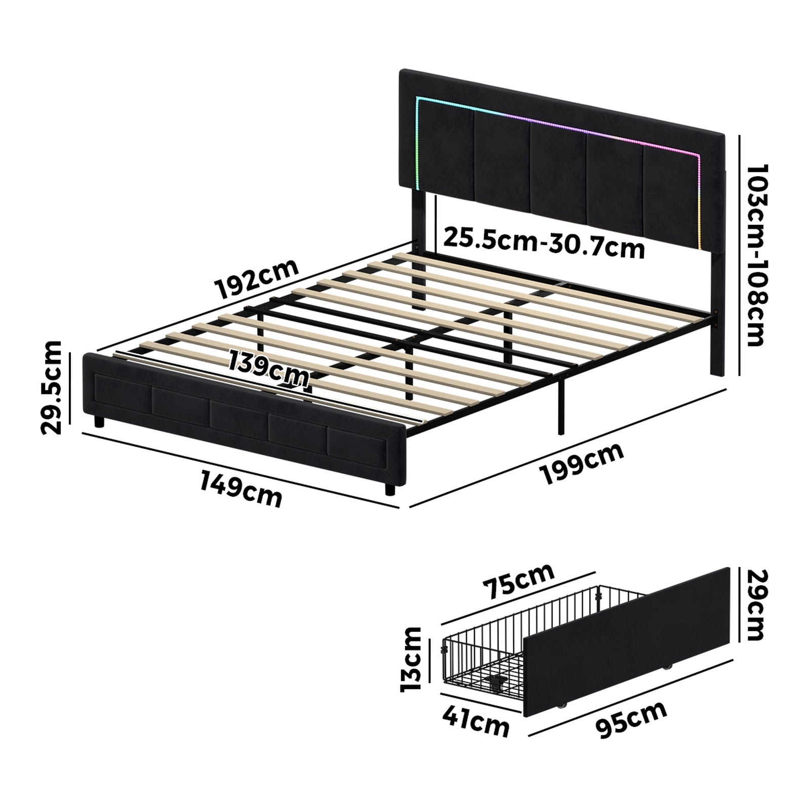 Oikiture LED Bed Frame Double Size with 4 Drawers Adjustable Headboard Black - Sunyee