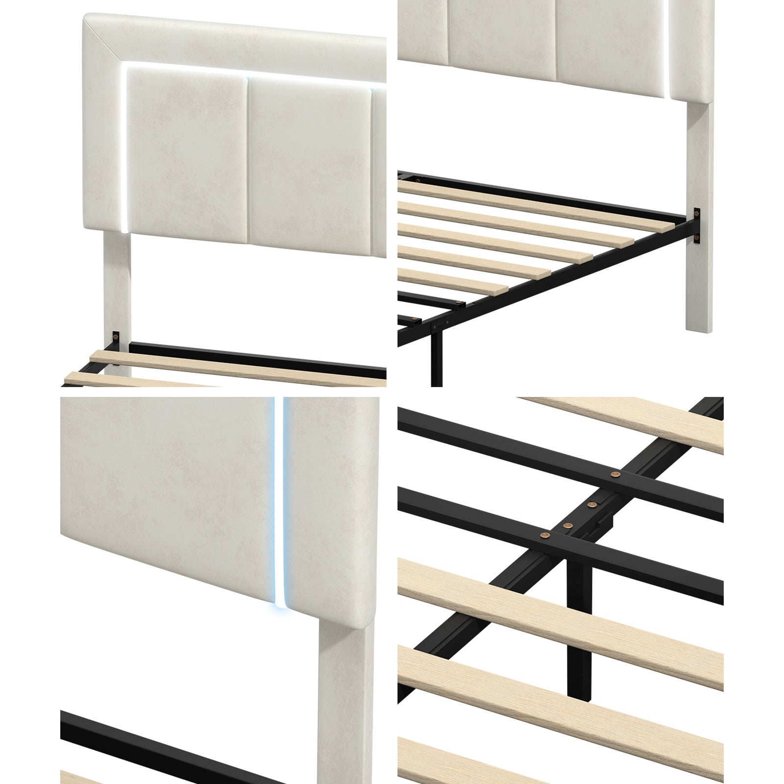 Oikiture LED Bed Frame Queen Size with 4 Drawers Adjustable Headboard Beige - Sunyee