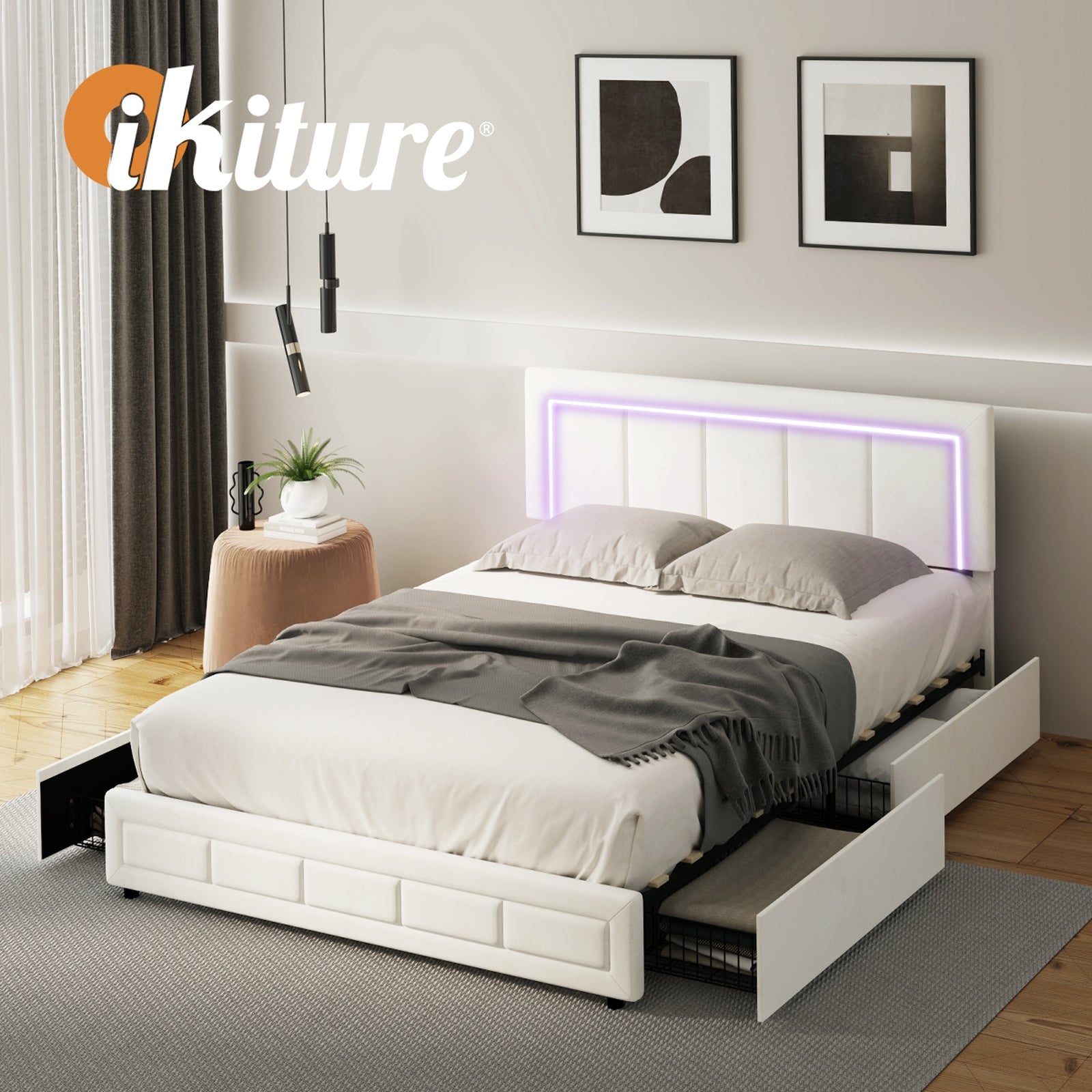 Oikiture LED Bed Frame Queen Size with 4 Drawers Adjustable Headboard Beige - Sunyee