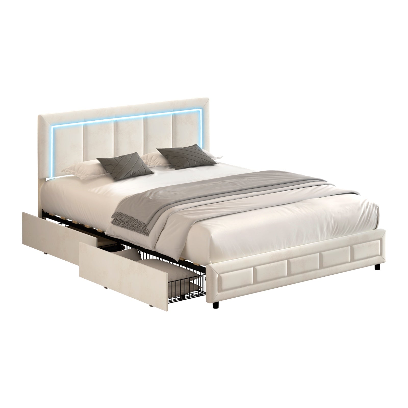 Oikiture LED Bed Frame Queen Size with 4 Drawers Adjustable Headboard Beige