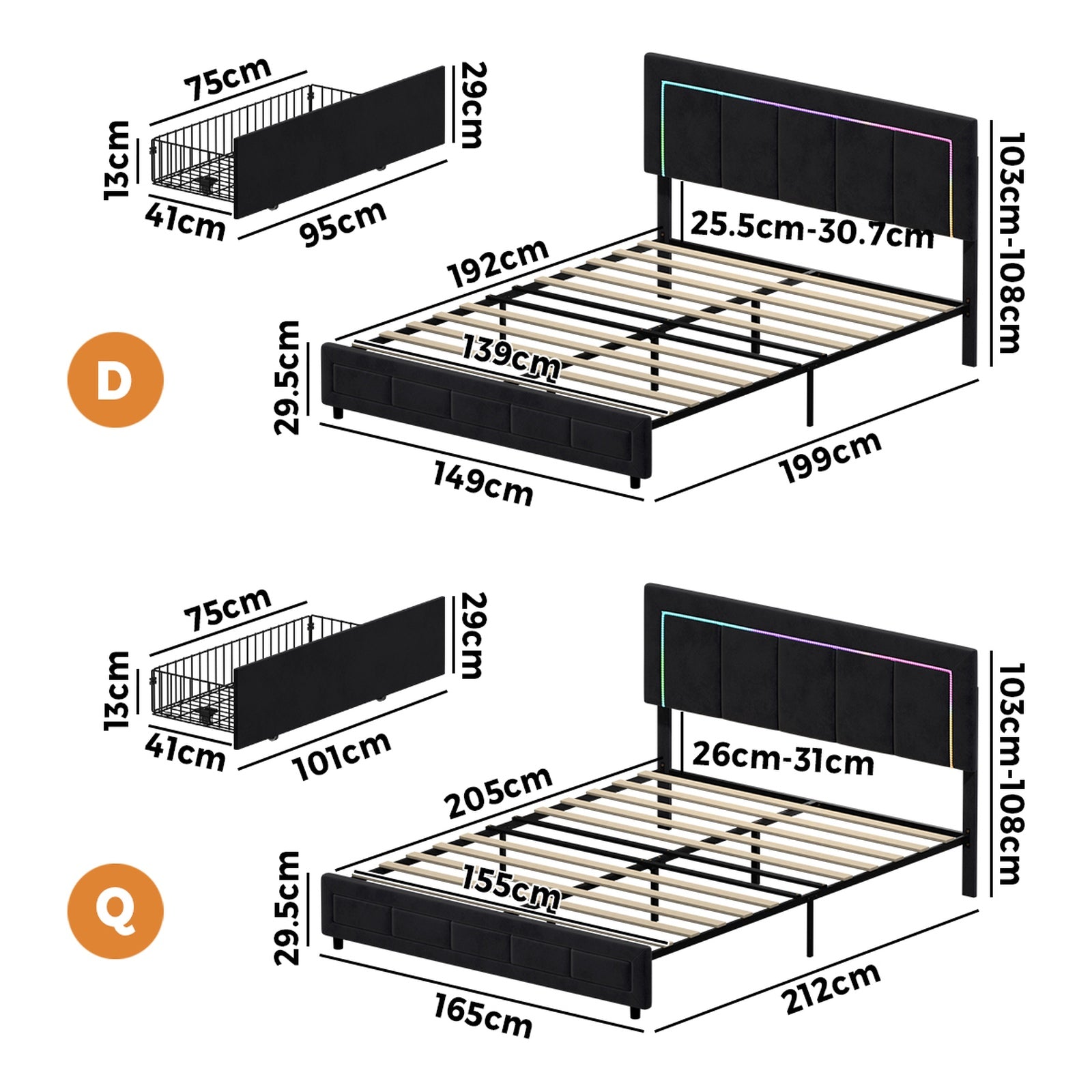 Oikiture LED Bed Frame Queen Doble Size with 4 Drawers Adjustable Headboard - Sunyee
