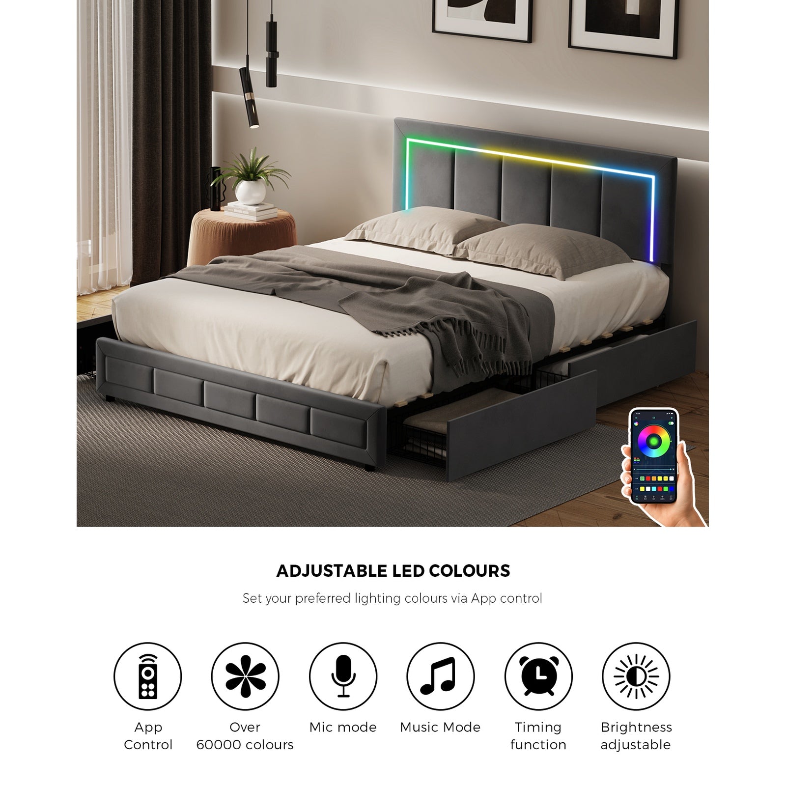Oikiture LED Bed Frame Queen Double Size with 4 Drawers Adjustable Headboard - Sunyee