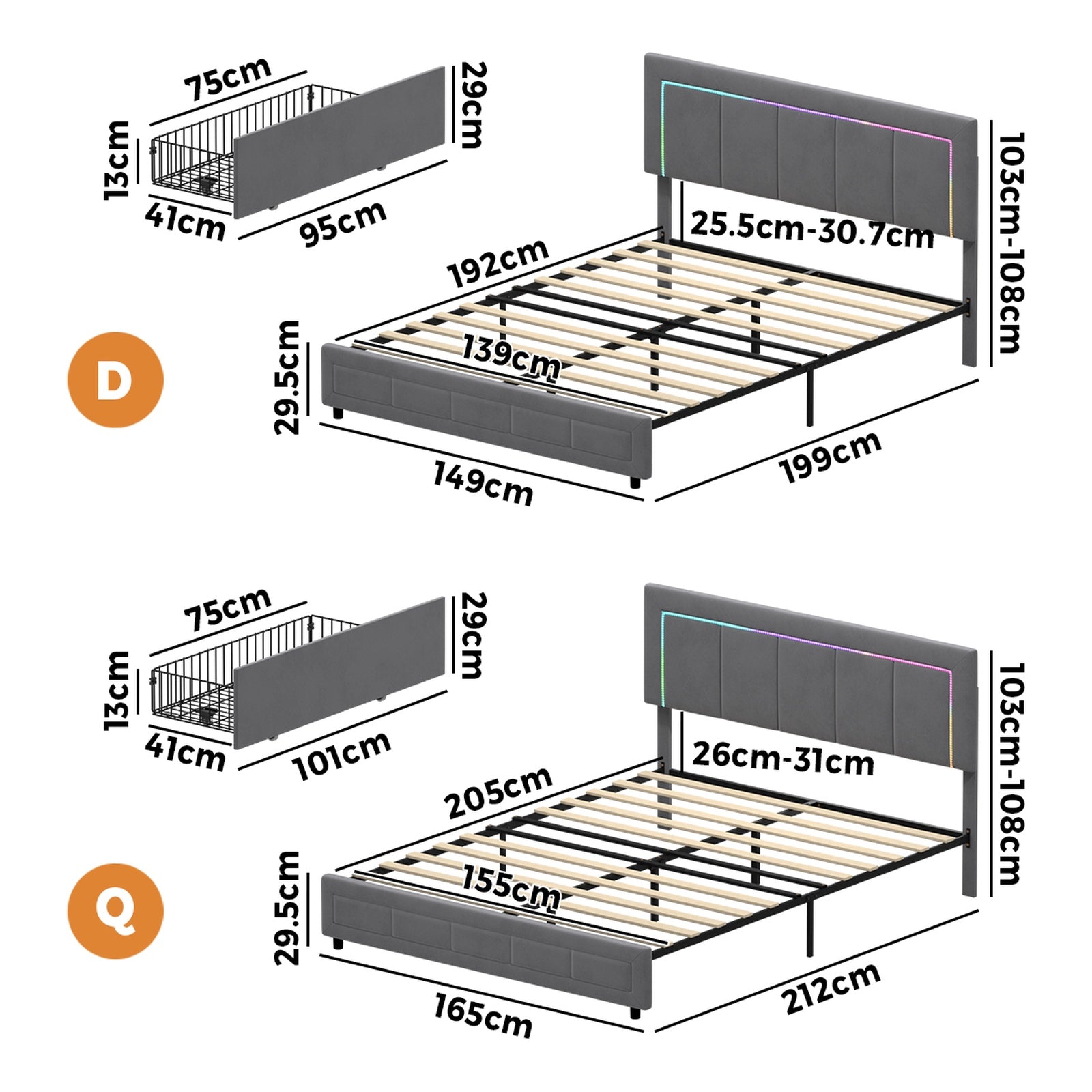 Oikiture LED Bed Frame Queen Double Size with 4 Drawers Adjustable Headboard - Sunyee