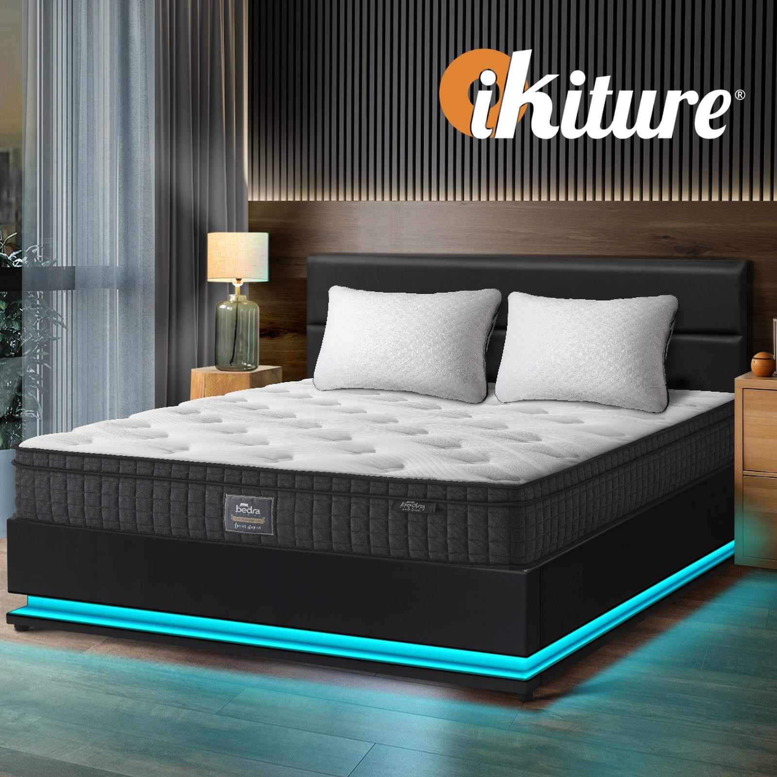Oikiture Bed Frame Double Size LED with Gas Lift Storage Mattress Set Black LAYZ - Sunyee