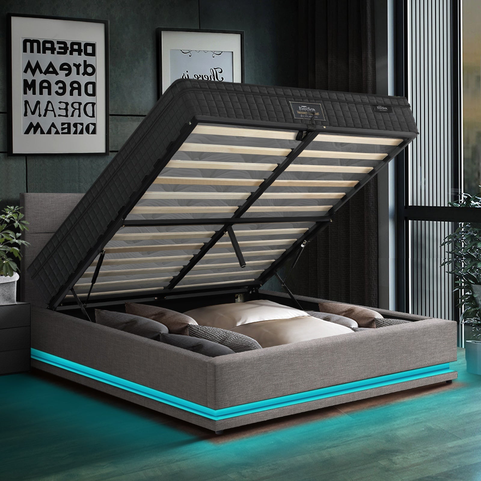 Oikiture Bed Frame Double Size LED with Gas Lift Storage Mattress Set Grey LAYZ - Sunyee