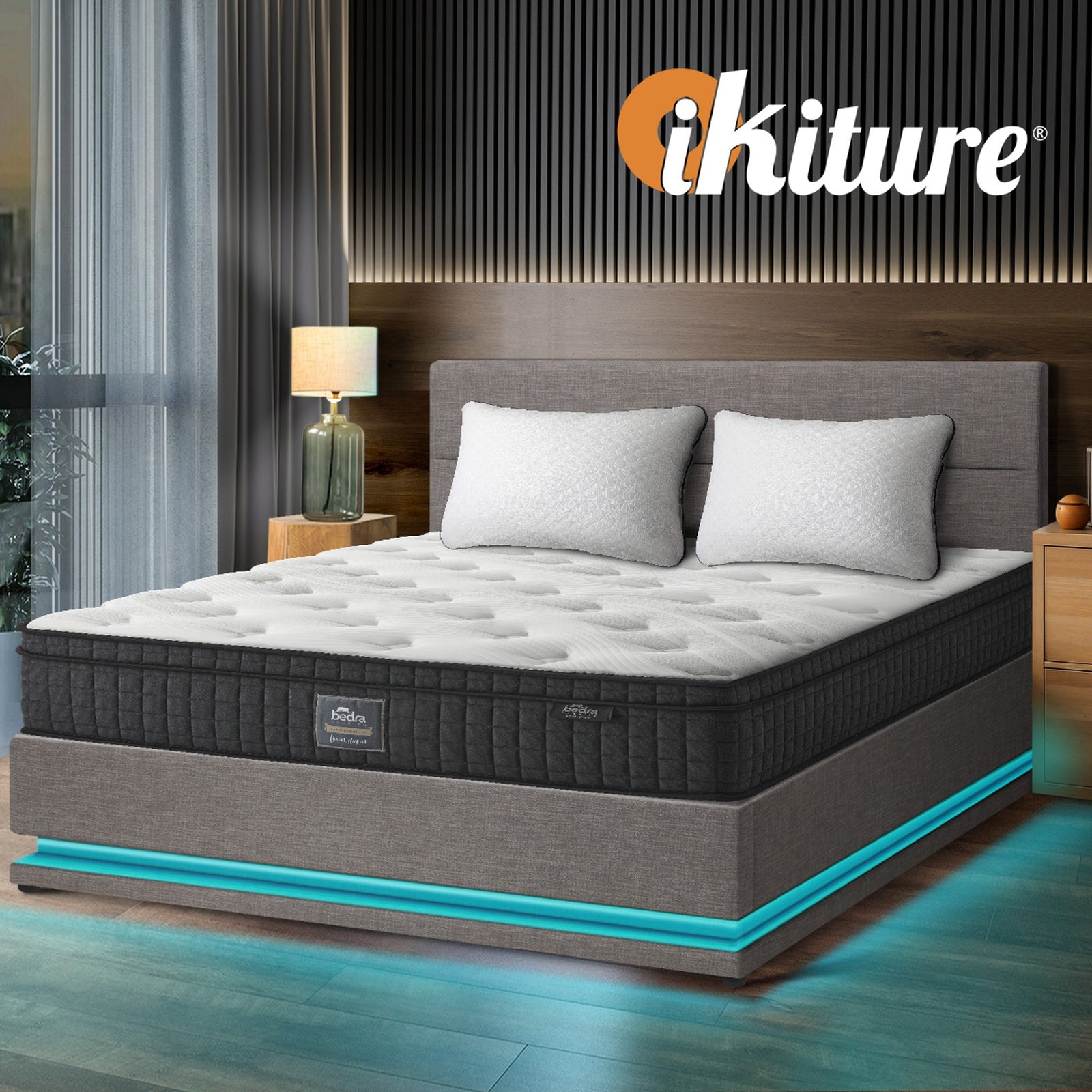 Oikiture Bed Frame Double Size LED with Gas Lift Storage Mattress Set Grey LAYZ - Sunyee