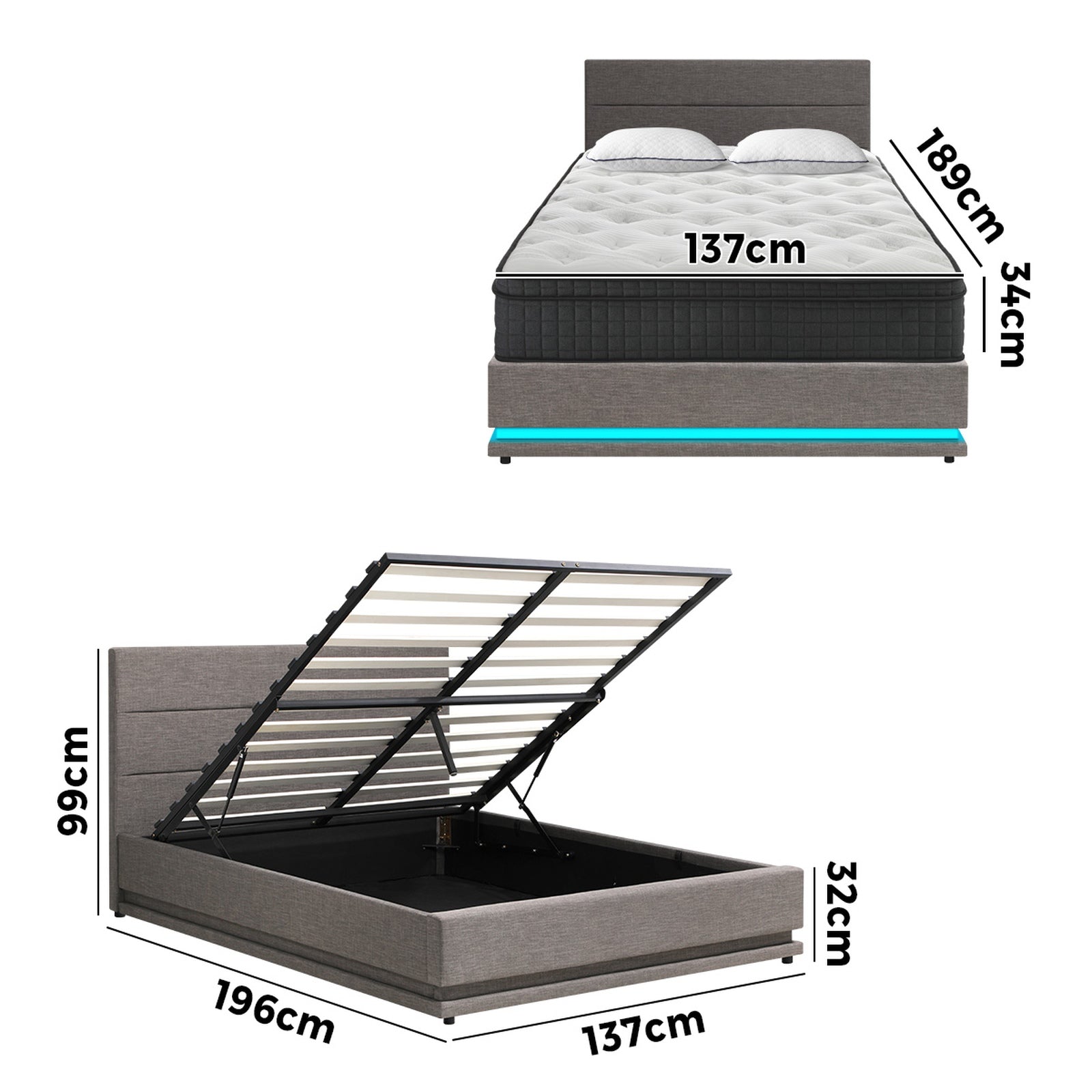 Oikiture Bed Frame Double Size LED with Gas Lift Storage Mattress Set Grey LAYZ - Sunyee