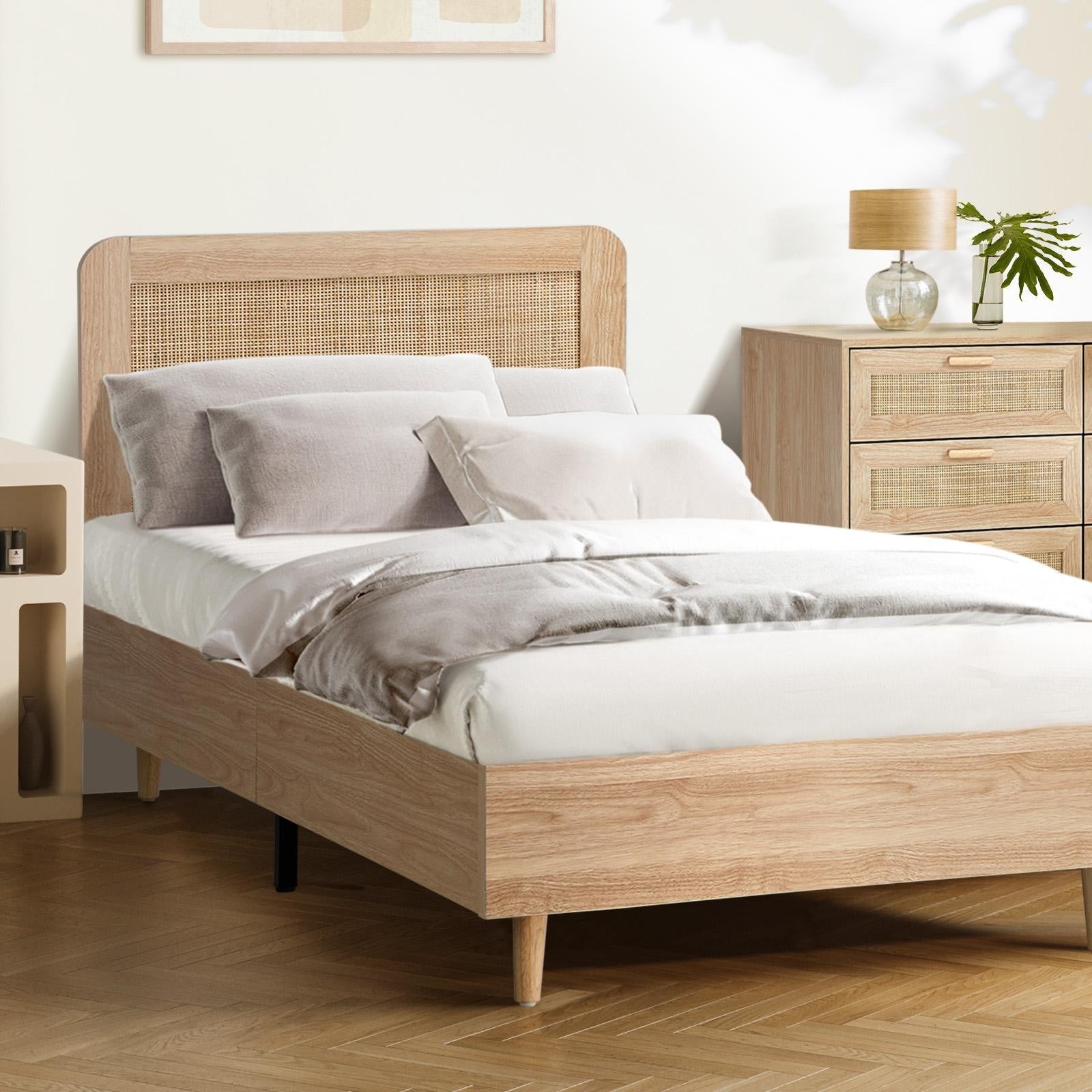 Oikiture Bed Frame King Single Size Wooden Bed Frame Rattan Headboard - Sunyee