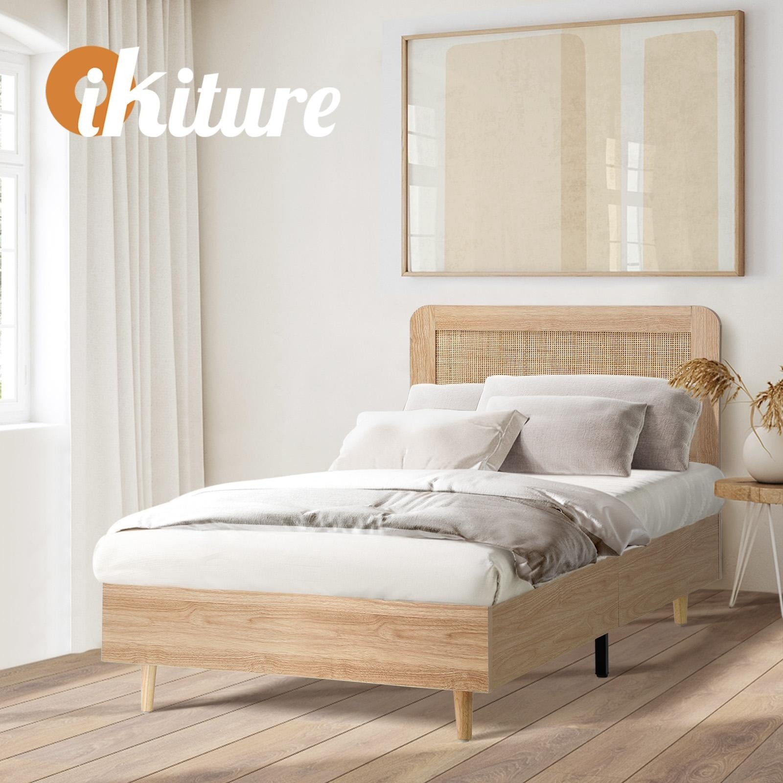 Oikiture Bed Frame King Single Size Wooden Bed Frame Rattan Headboard - Sunyee