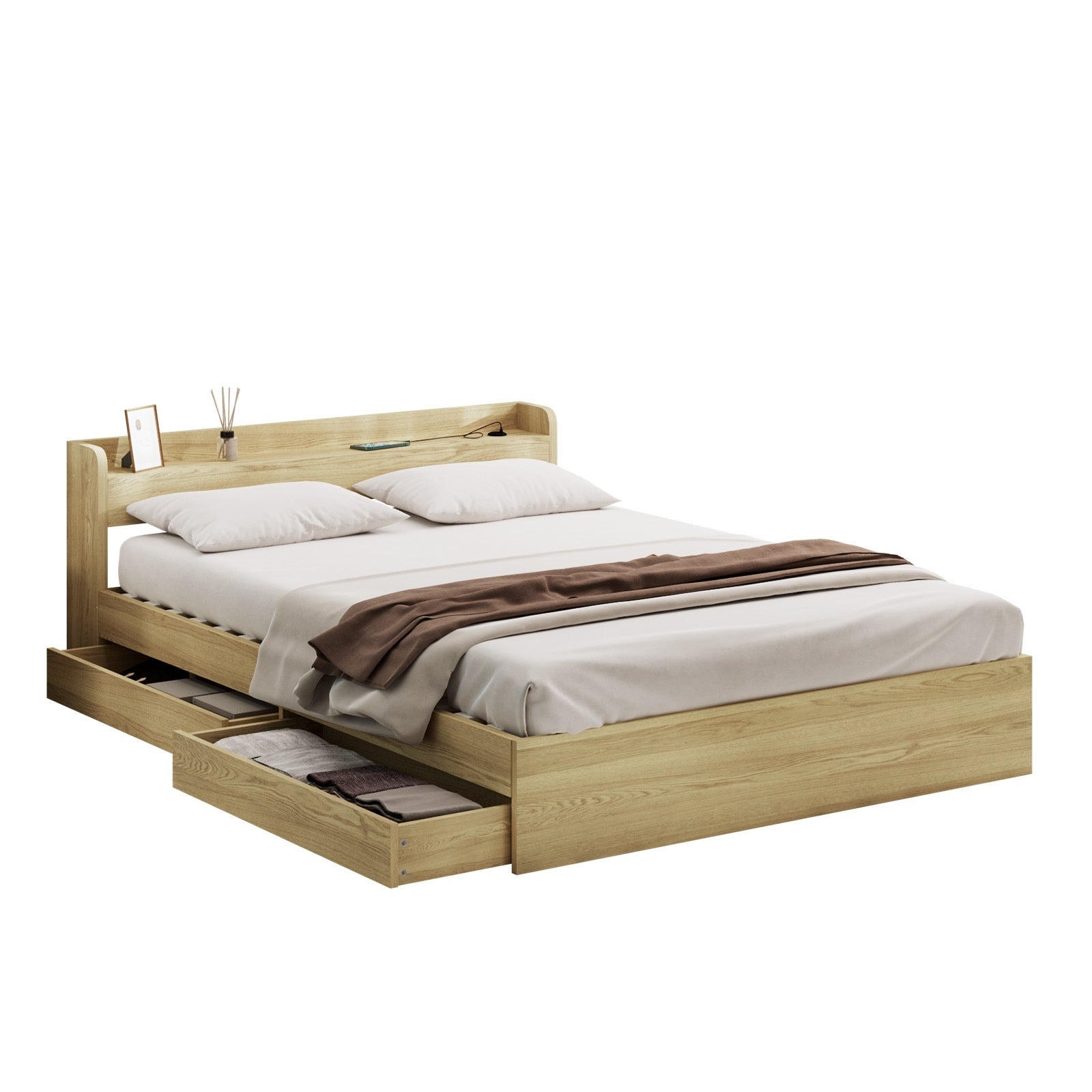 Oikiture Bed Frame Queen Double King Single Size with Charging Ports 2 Drawers - Sunyee