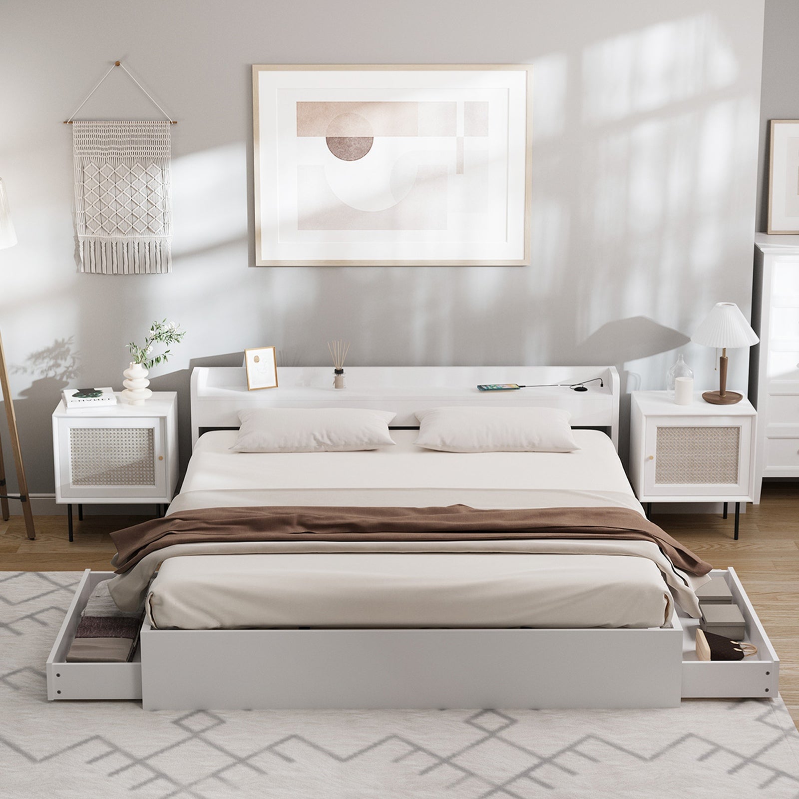 Oikiture Wooden Bed Frame King Size with Charging Ports & 2 Drawers-White - Sunyee