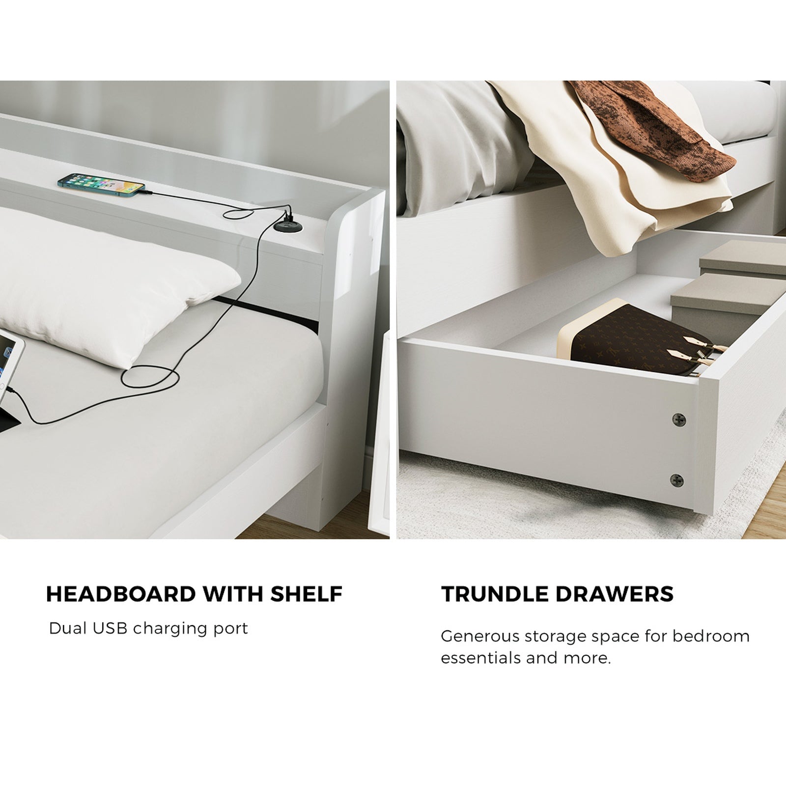 Oikiture Wooden Bed Frame King Size with Charging Ports & 2 Drawers-White - Sunyee