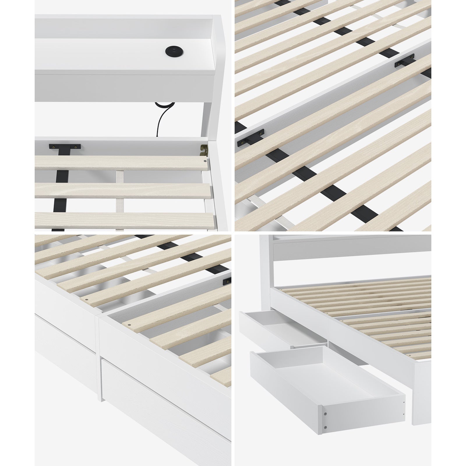 Oikiture Wooden Bed Frame King Size with Charging Ports & 2 Drawers-White - Sunyee