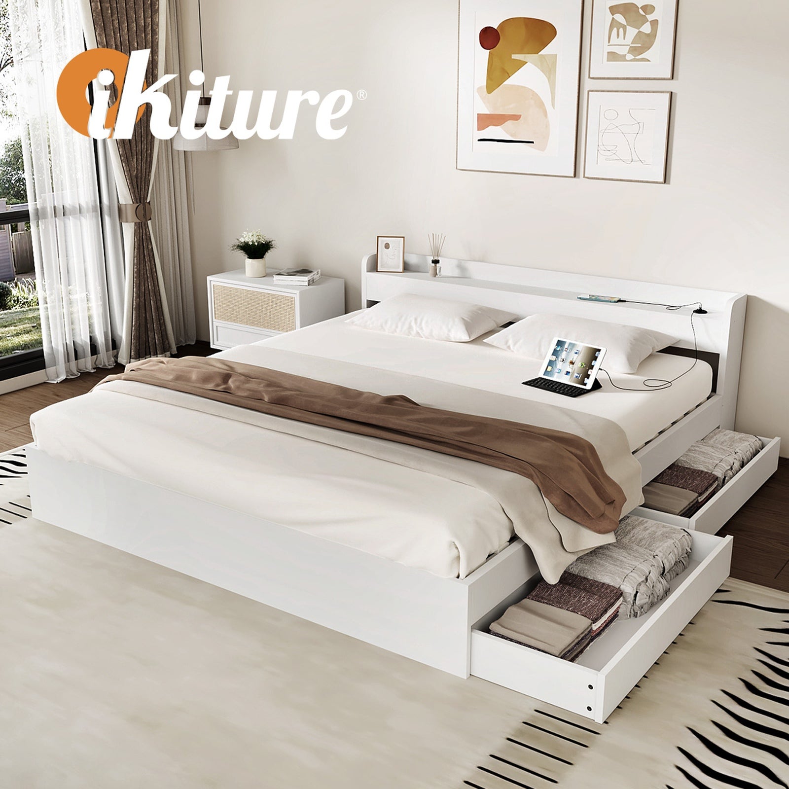 Oikiture Wooden Bed Frame King Size with Charging Ports & 2 Drawers-White - Sunyee