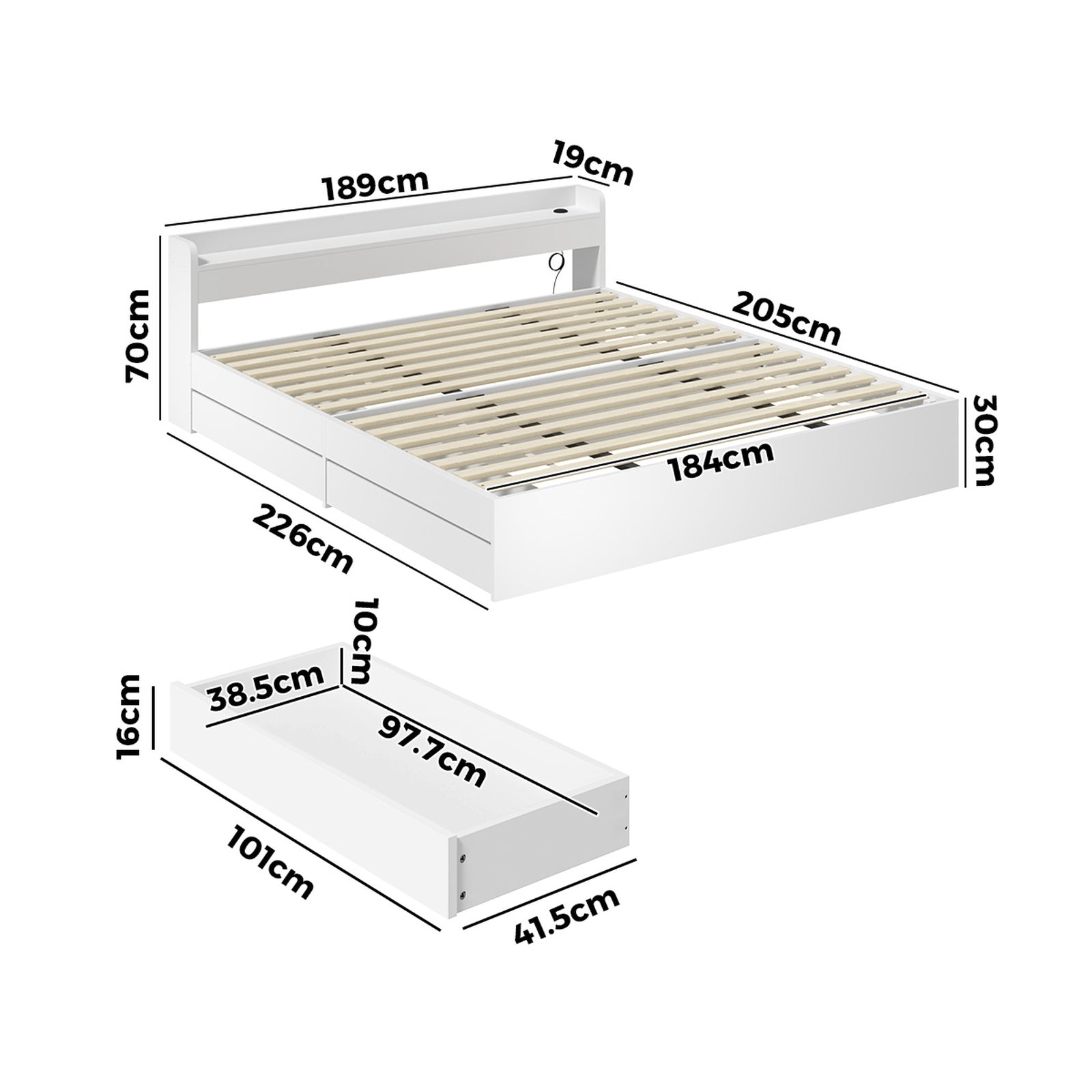 Oikiture Wooden Bed Frame King Size with Charging Ports & 2 Drawers-White - Sunyee