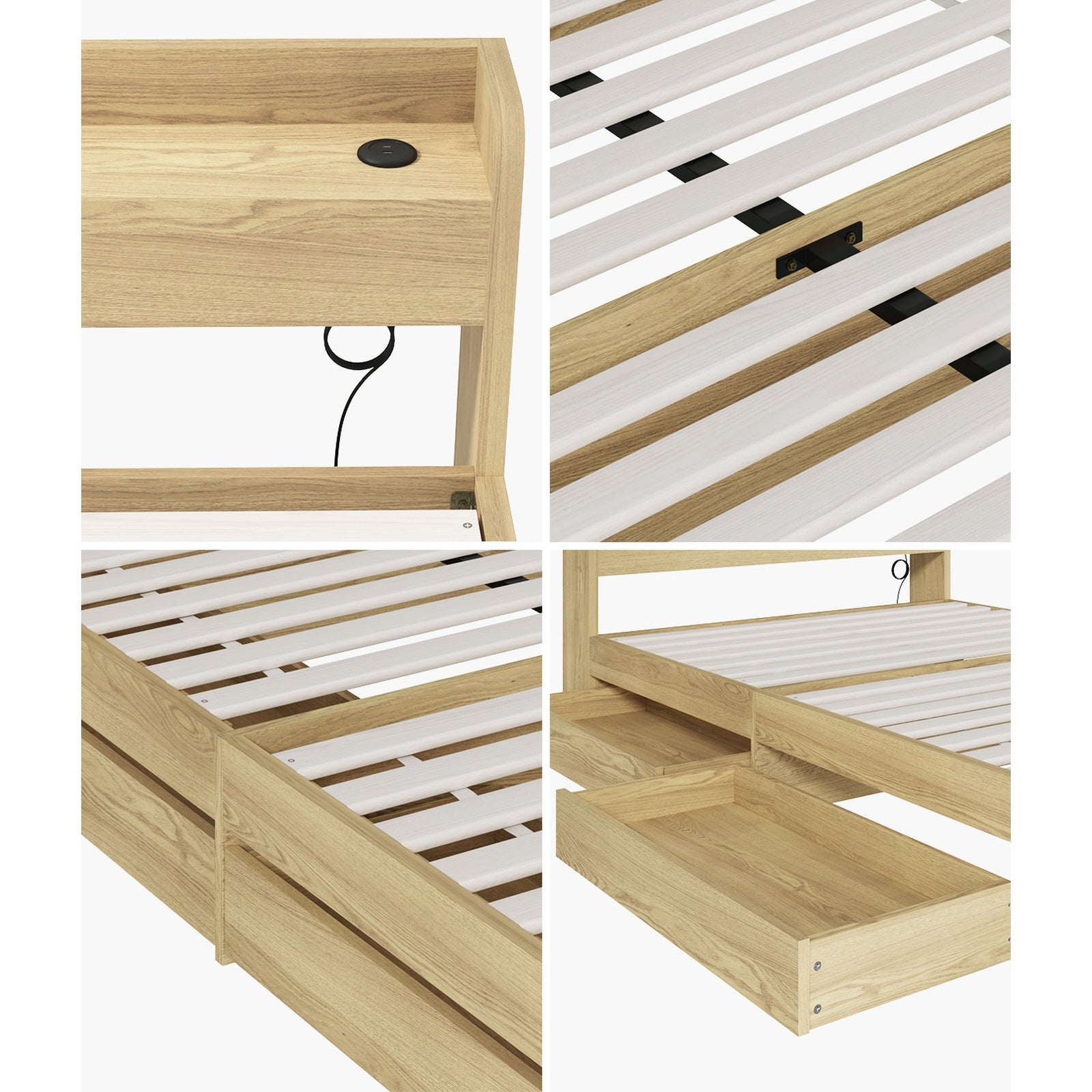 Oikiture Wooden Bed Frame Queen Size with Charging Ports & 2 Drawers - Sunyee