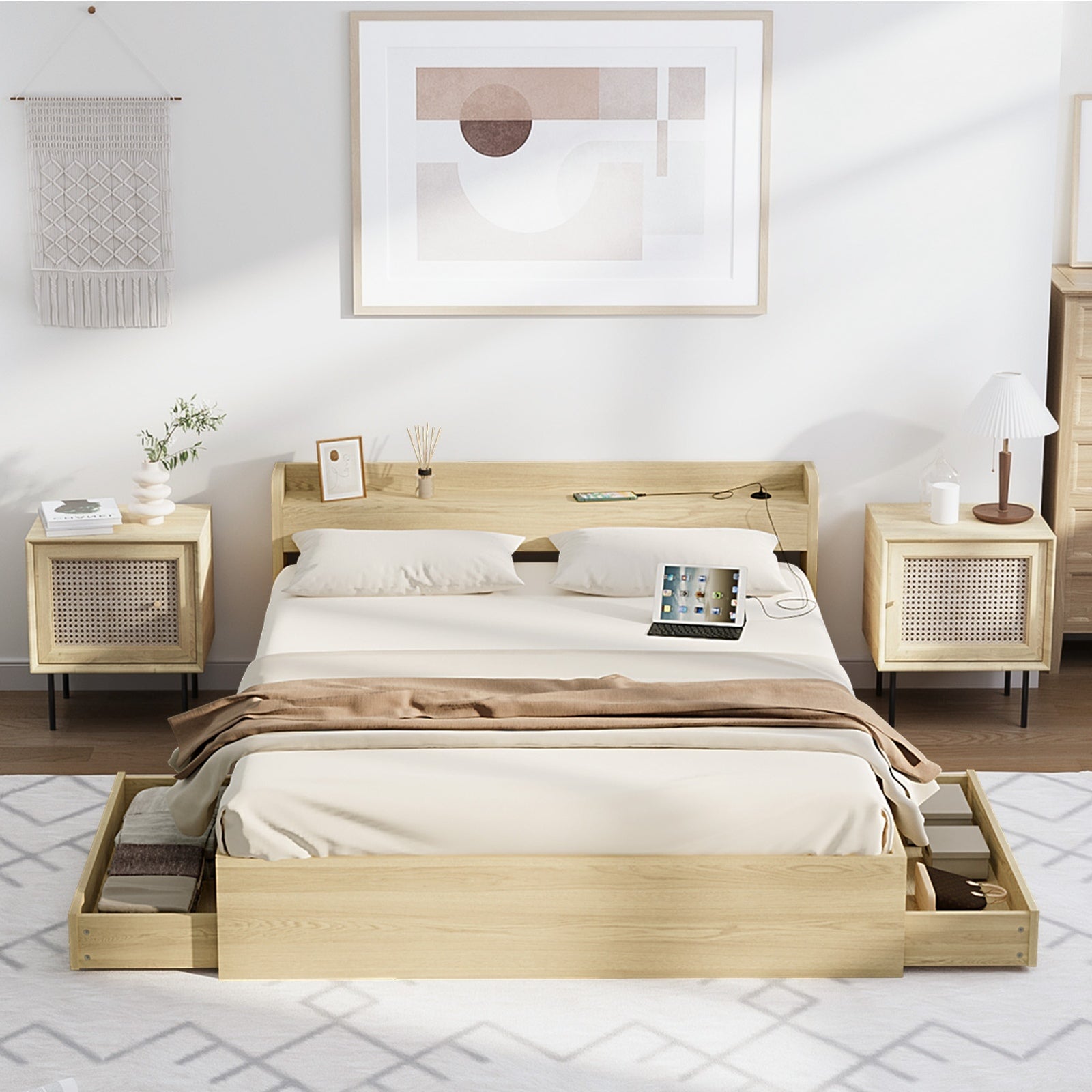 Oikiture Bed Frame Queen Double King Single Size with Charging Ports 2 Drawers - Sunyee