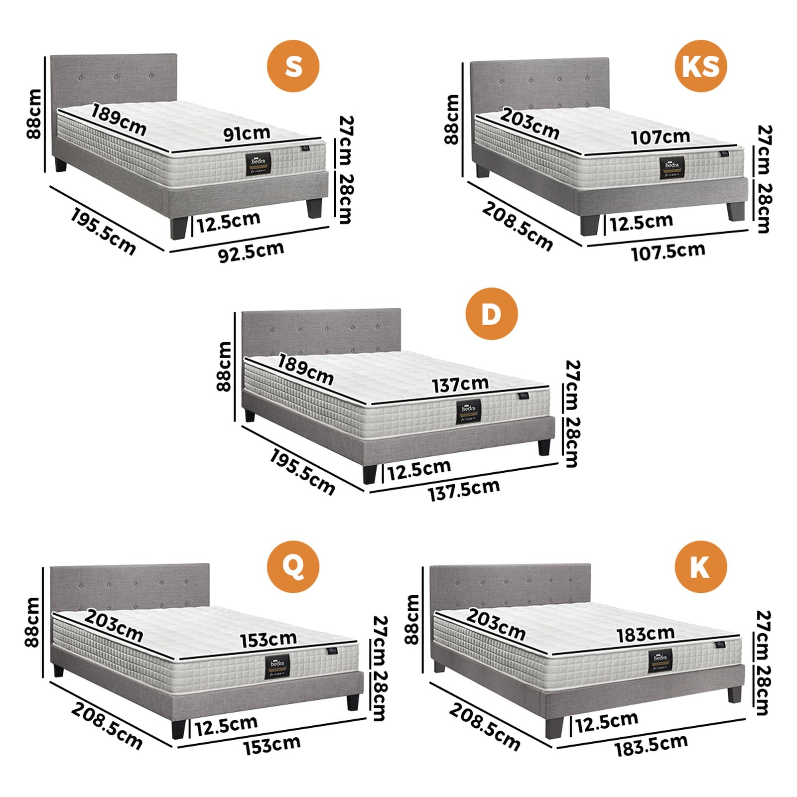 Oikiture Bed Frame Double Queen King Single Platform Base with Mattress Grey - Sunyee
