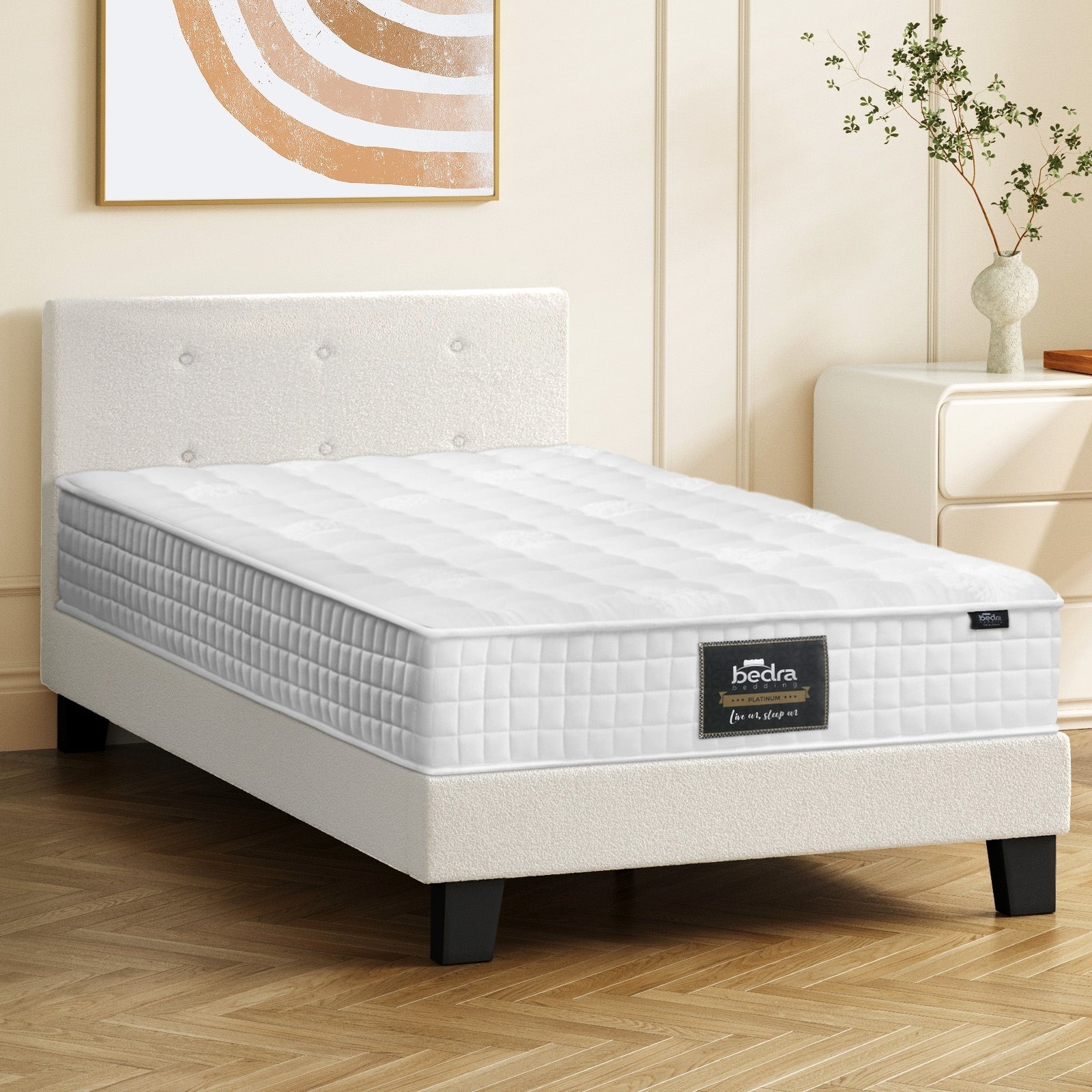 Oikiture Bed Frame Double Queen King Single Platform Base with Mattress White - Sunyee