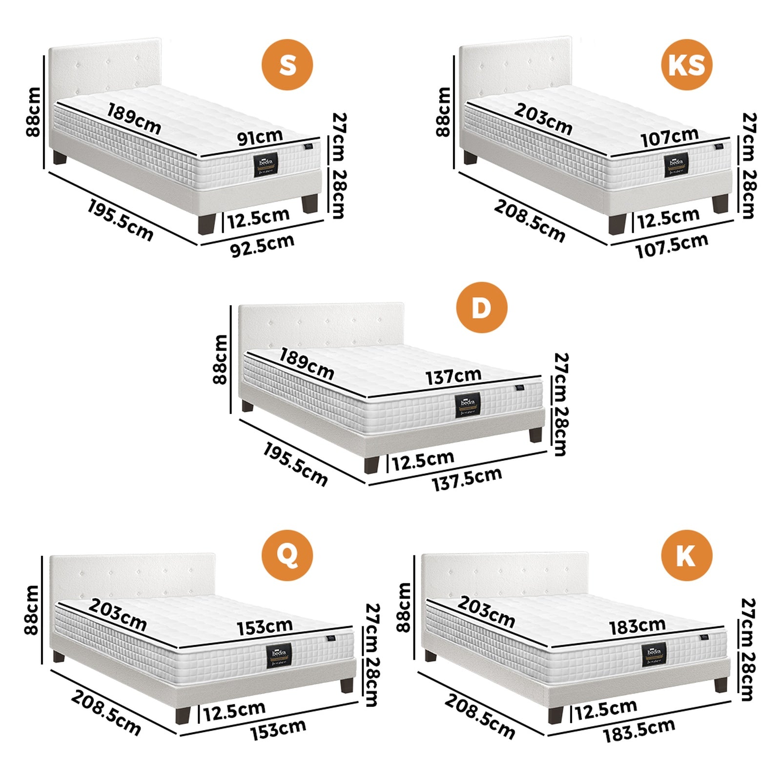 Oikiture Bed Frame Double Queen King Single Platform Base with Mattress White - Sunyee