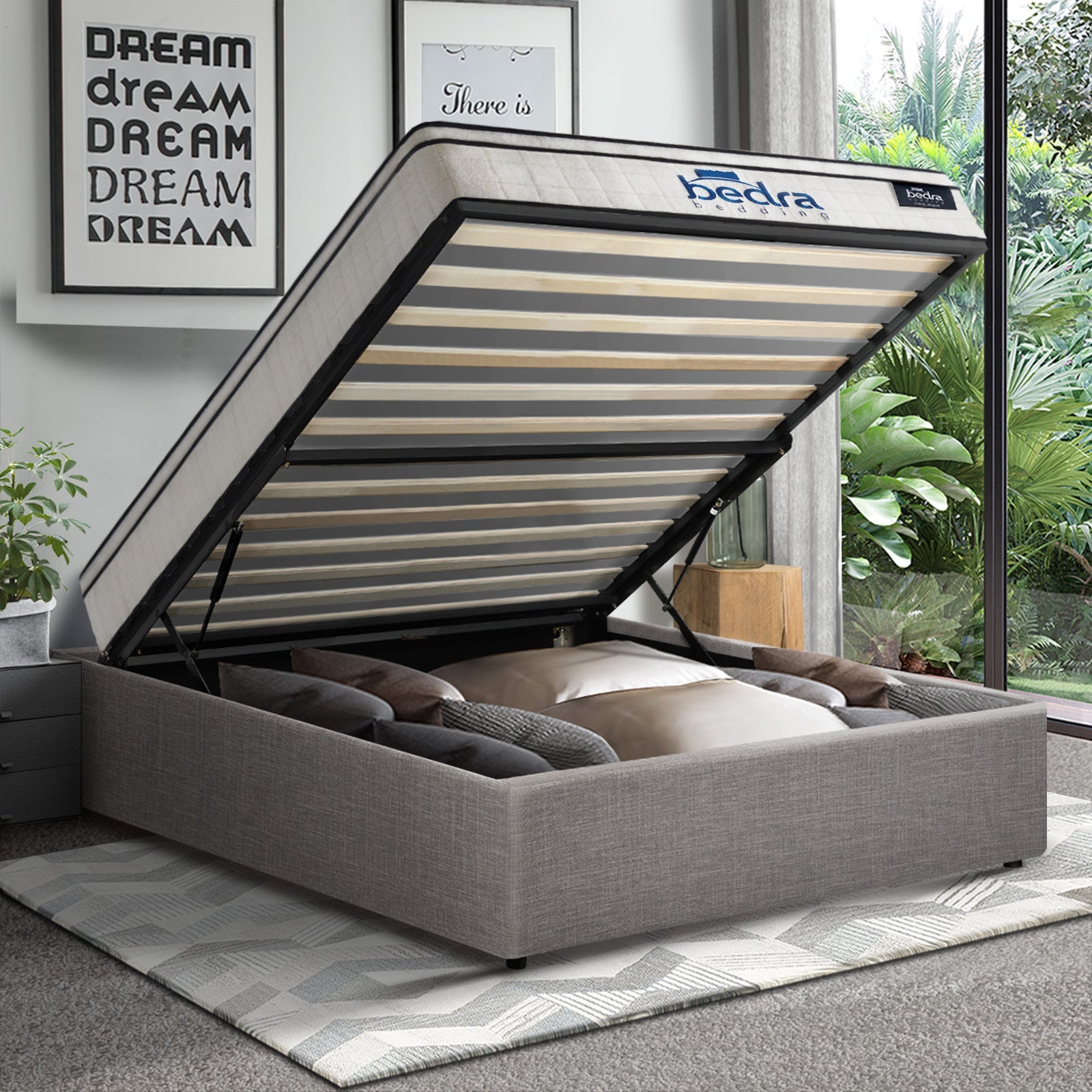 Oikiture Bed Frame Single Size Gas Lift Base Storage Platform with Mattress - Sunyee