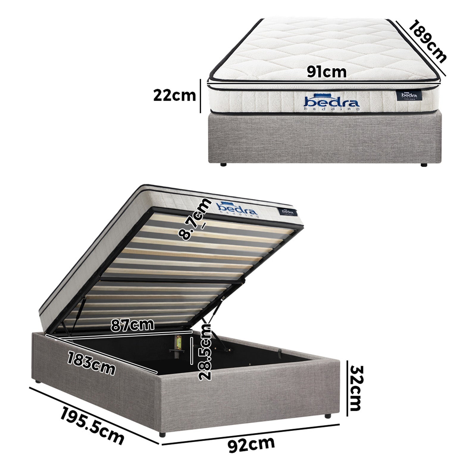 Oikiture Bed Frame Single Size Gas Lift Base Storage Platform with Mattress - Sunyee
