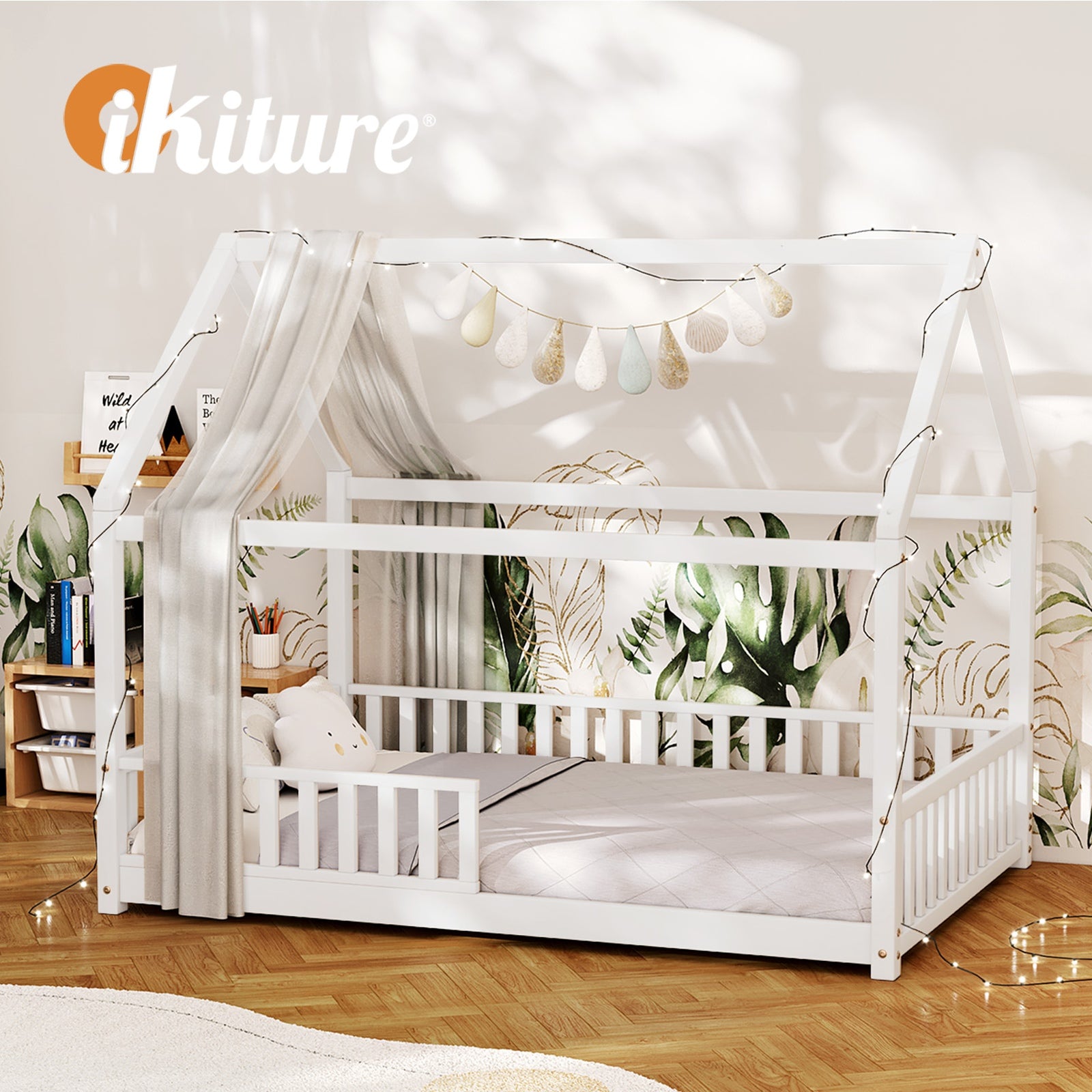 Oikiture Kids Wooden Bed Frame House Beds Platform Double White Timber Pine - Sunyee