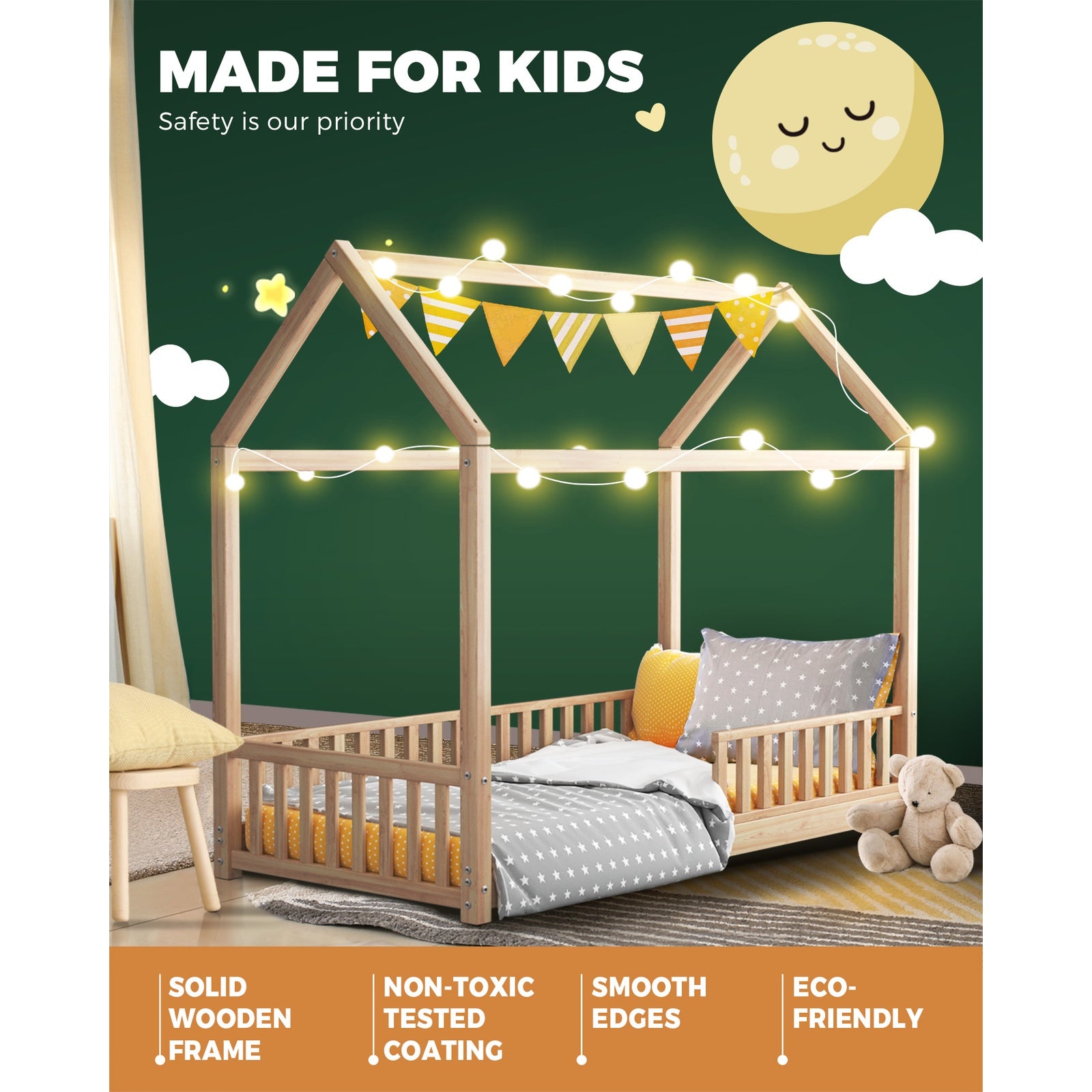 Oikiture Bed Frame Single Wooden Timber House Frame Wood Mattress Base Platform - Sunyee