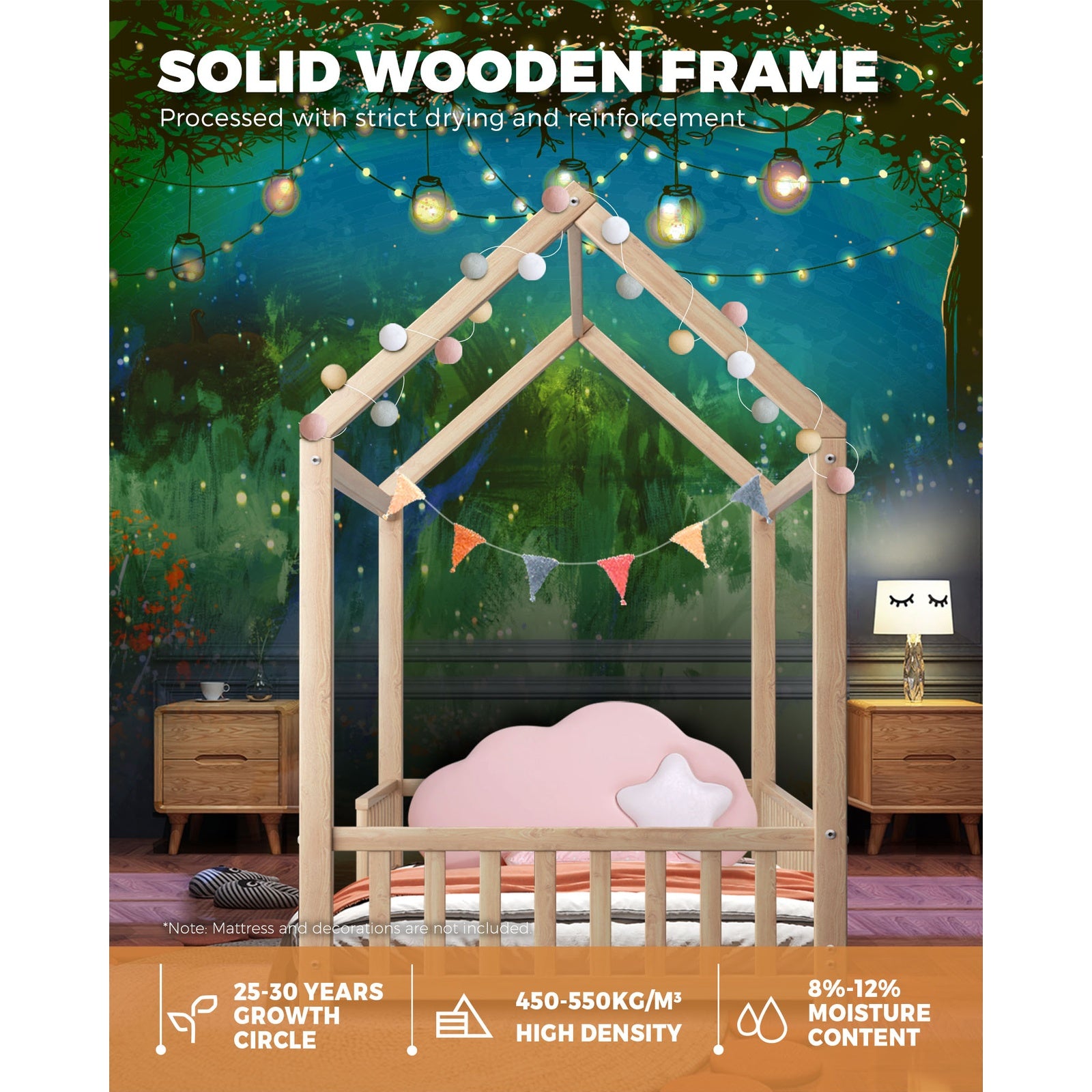 Oikiture Bed Frame Single Wooden Timber House Frame Wood Mattress Base Platform - Sunyee
