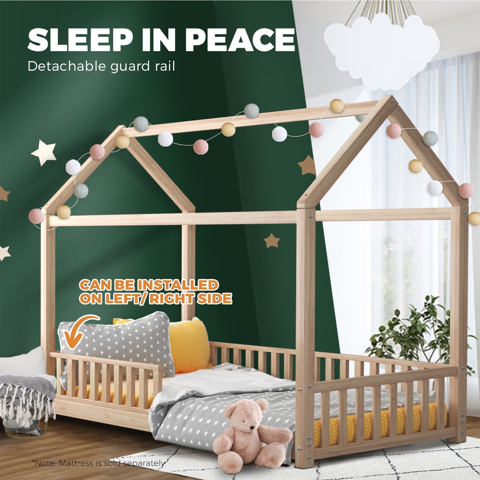 Oikiture Bed Frame Single Wooden Timber House Frame Wood Mattress Base Platform - Sunyee