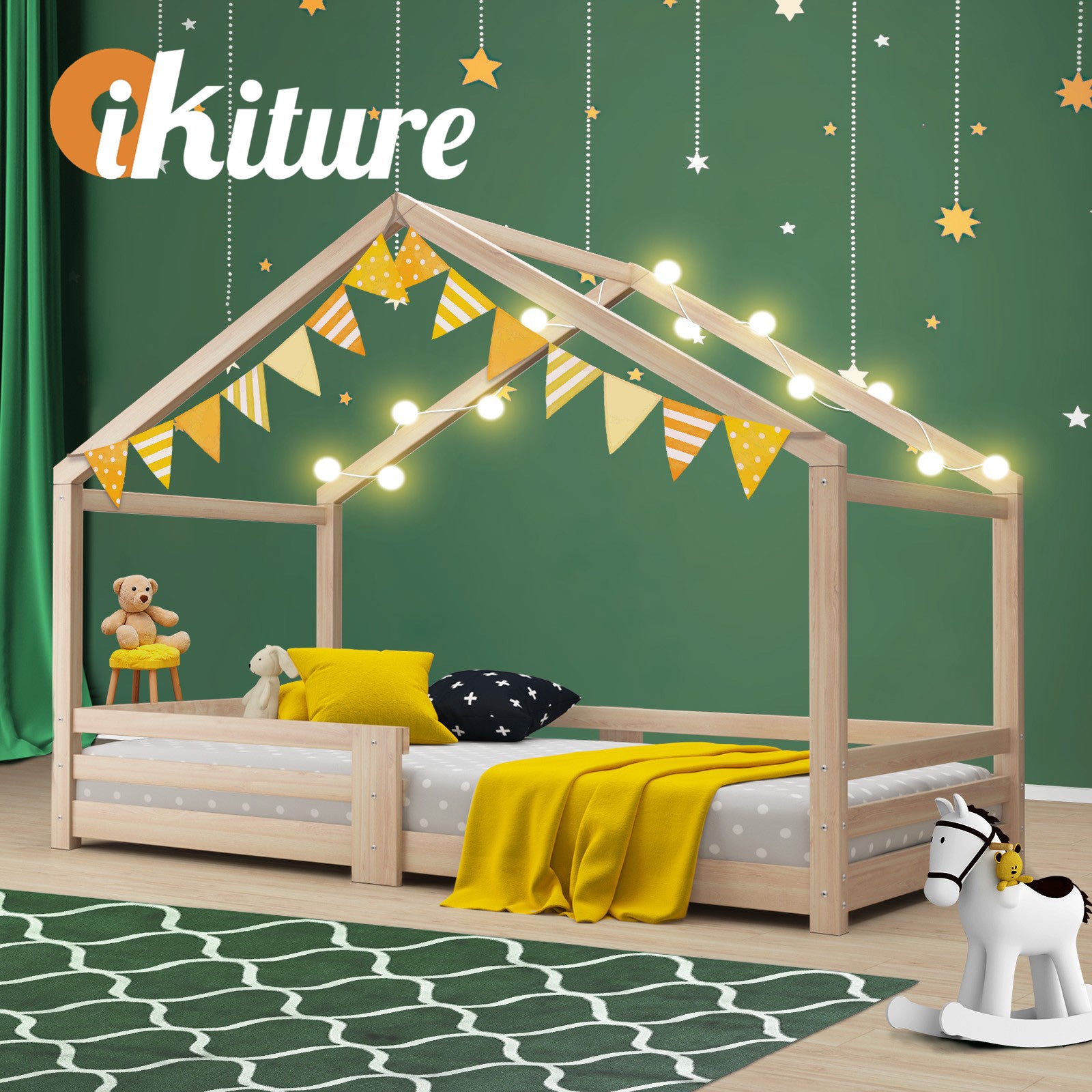 Oikiture Bed Frame Wooden Single Size Timber House Frame Mattress Base Platform - Sunyee