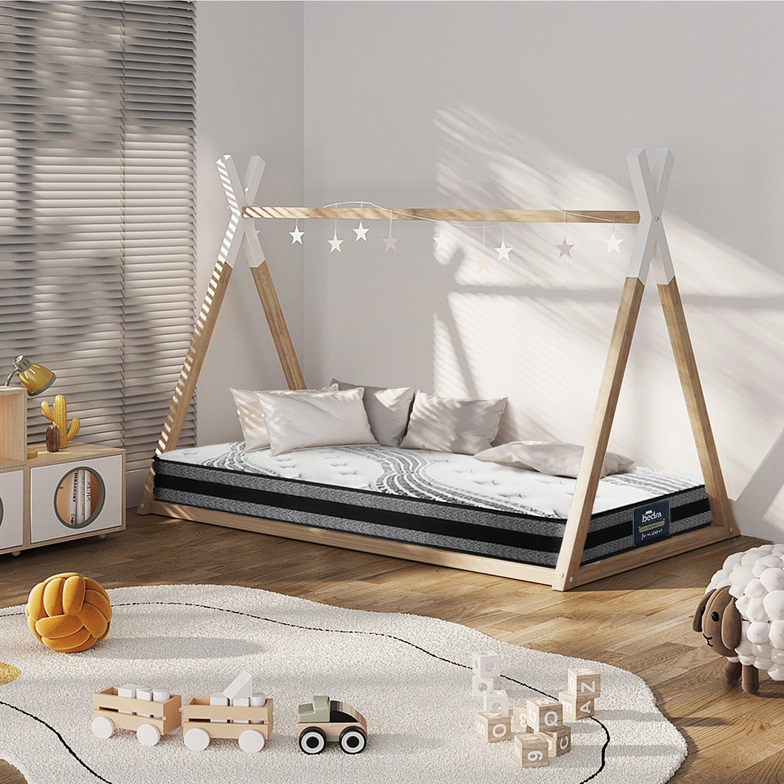 Oikiture Kids Bed Frame With Single Mattress Set Teepee House Style - Sunyee