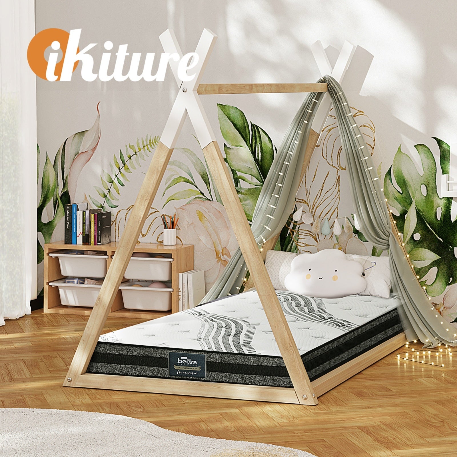 Oikiture Kids Bed Frame With Single Mattress Set Teepee House Style - Sunyee