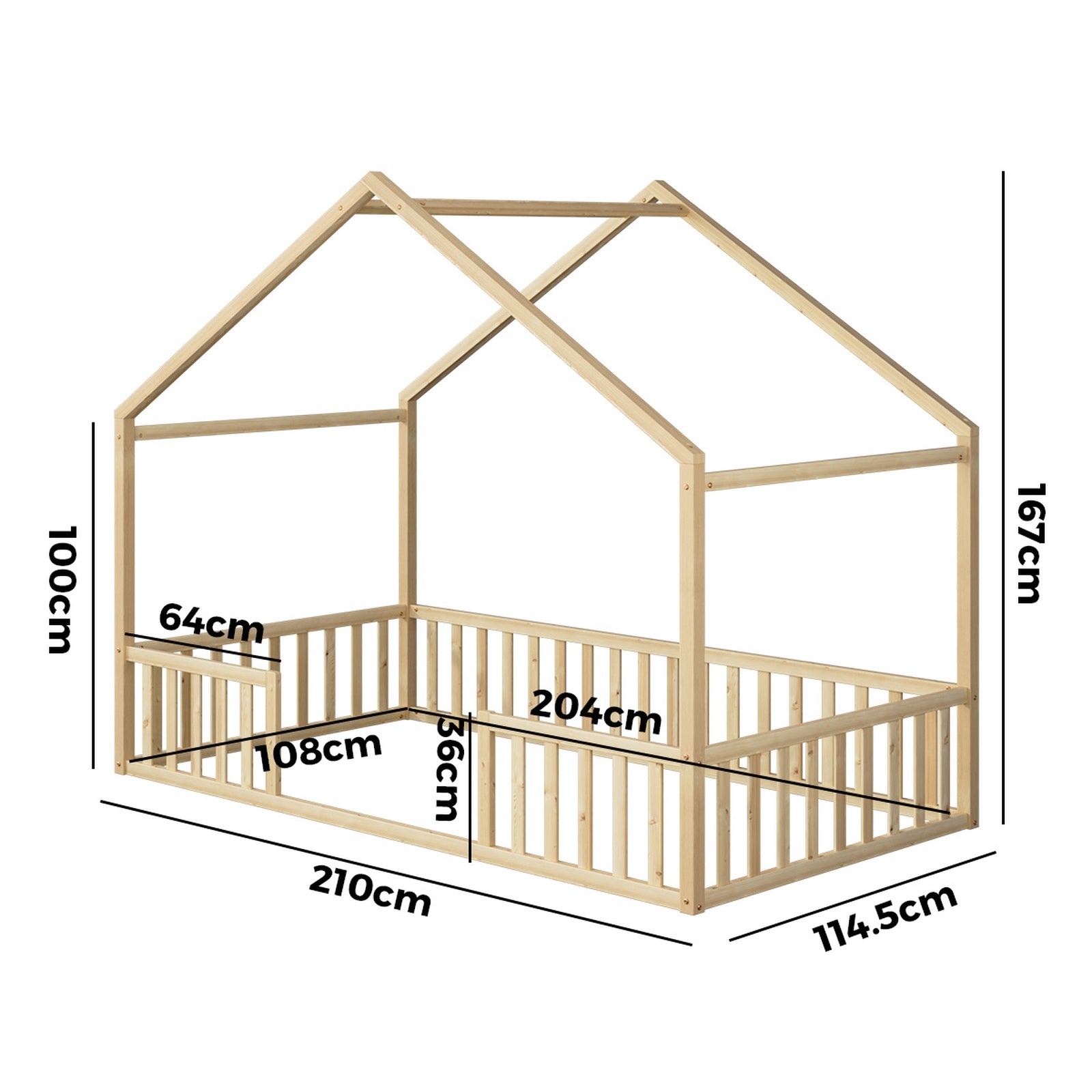 Oikiture Wooden Kids Bed Frame King Single House Beds Timber No Slats Natural - Sunyee
