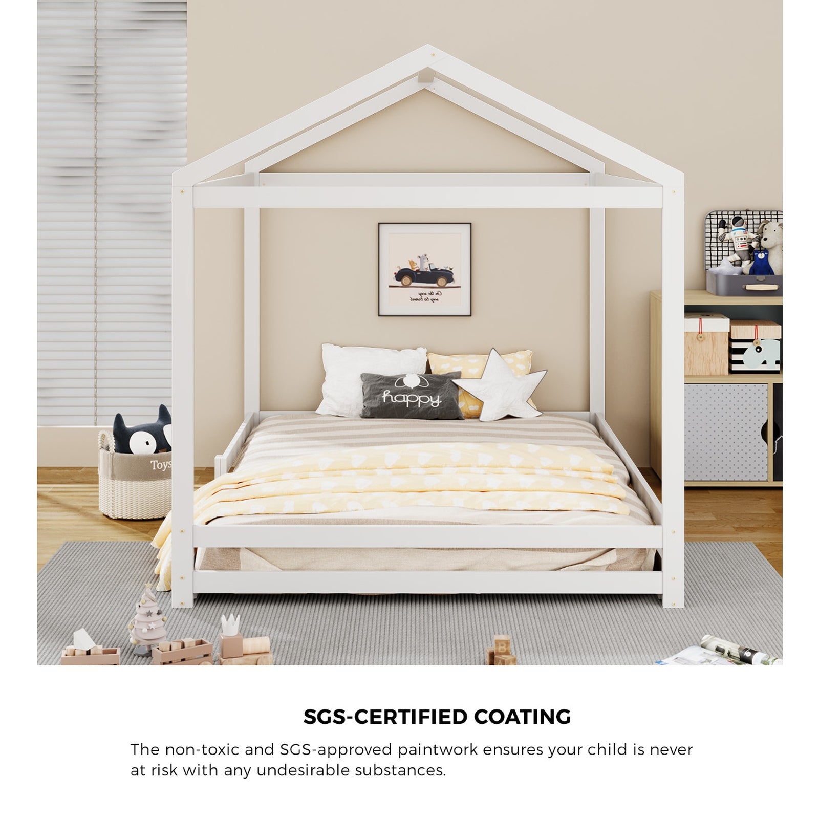 Oikiture Kids Wooden Bed Frame Timber House Beds Base with Fence Double White - Sunyee
