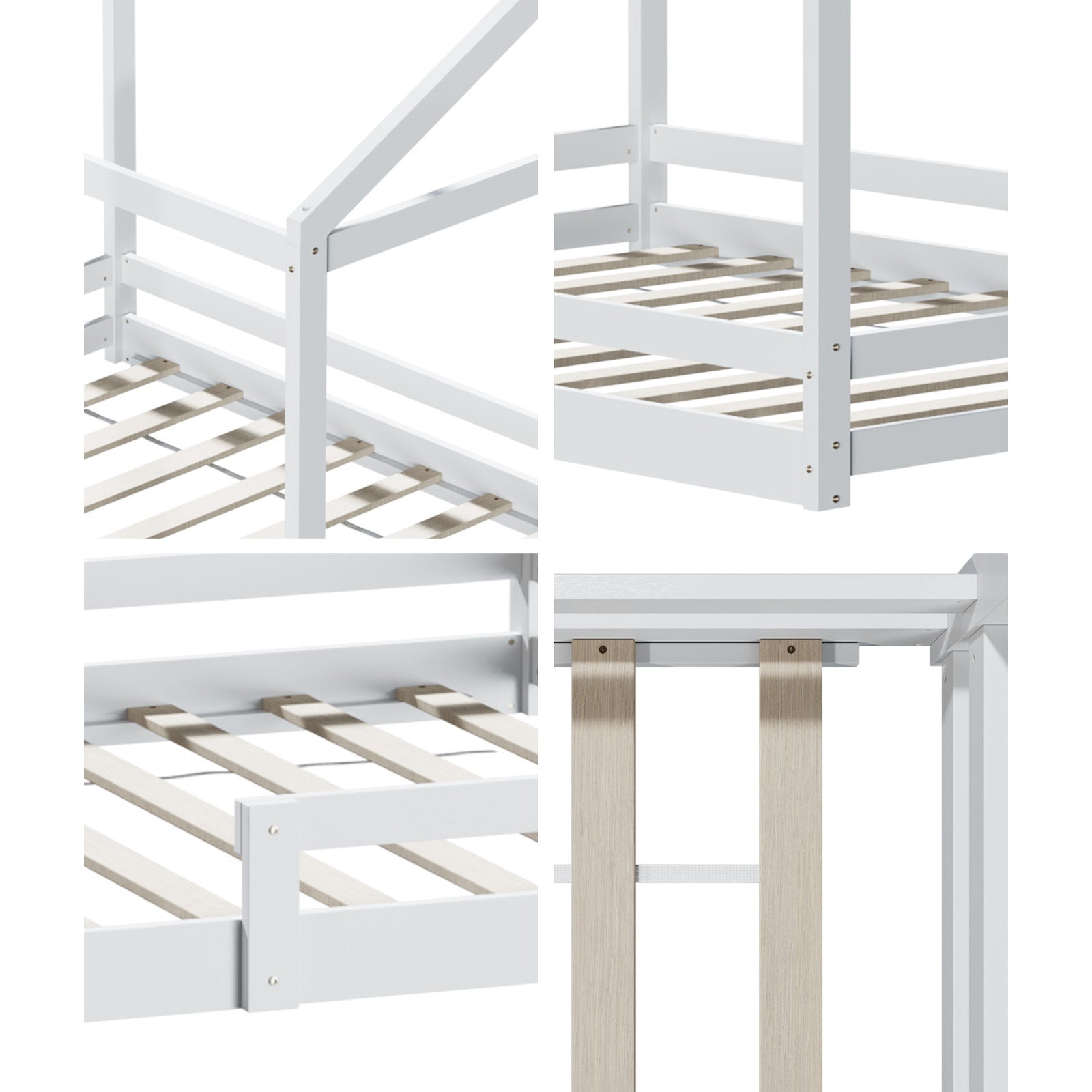 Oikiture Kids Wooden Bed Frame Timber House Beds Base with Fence Double White - Sunyee