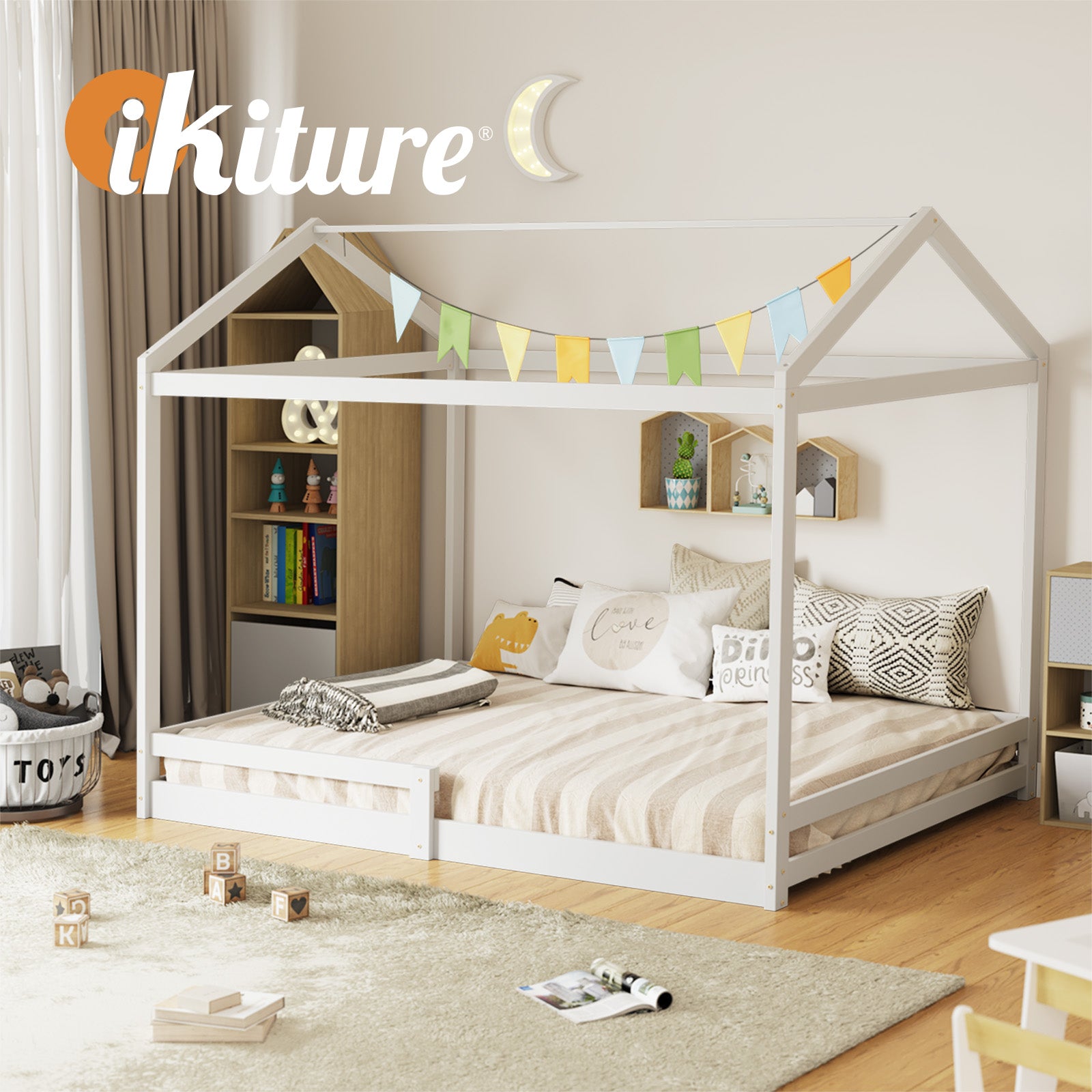 Oikiture Kids Wooden Bed Frame Timber House Beds Base with Fence Double White - Sunyee