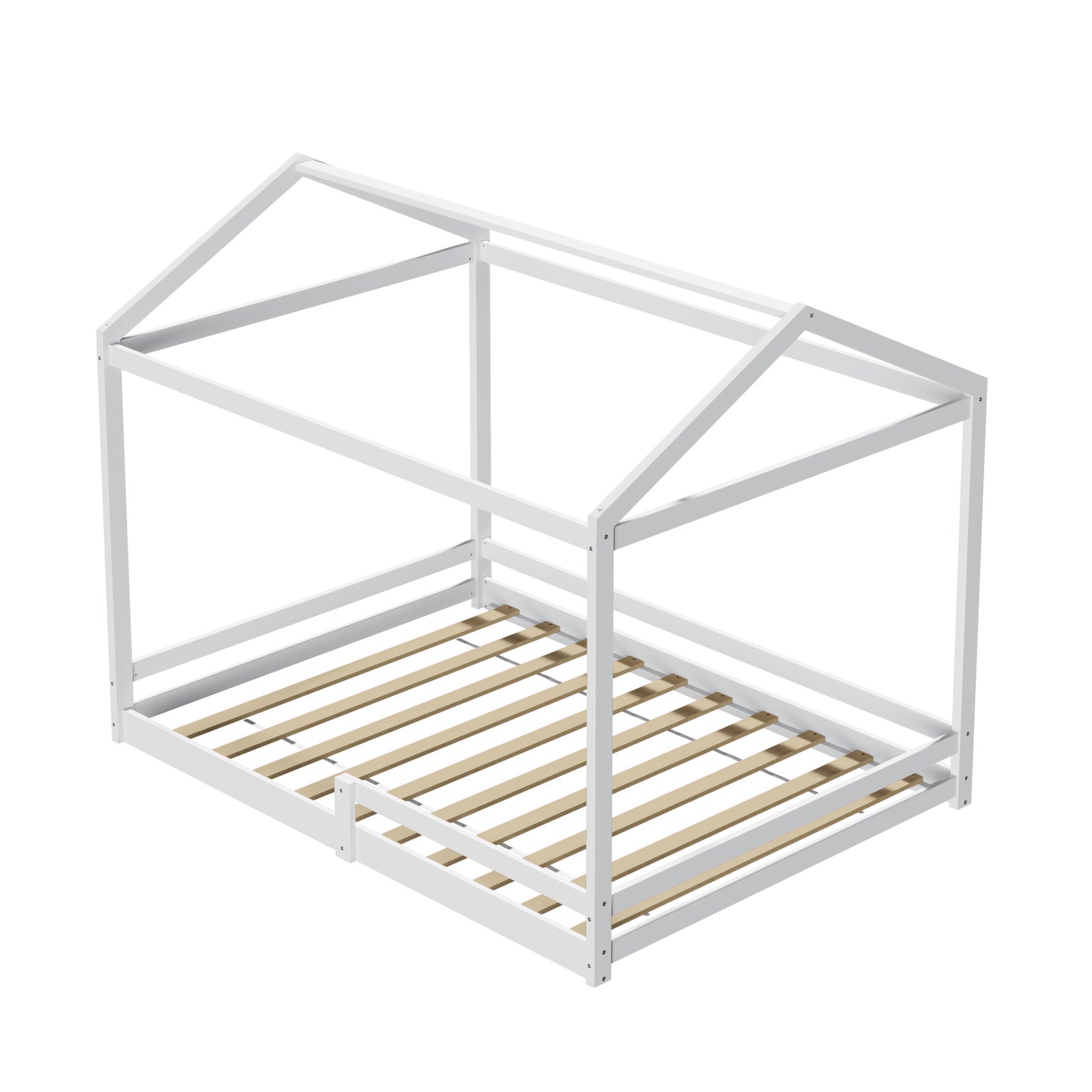 Oikiture Kids Wooden Bed Frame Timber House Beds Base with Fence Double White - Sunyee