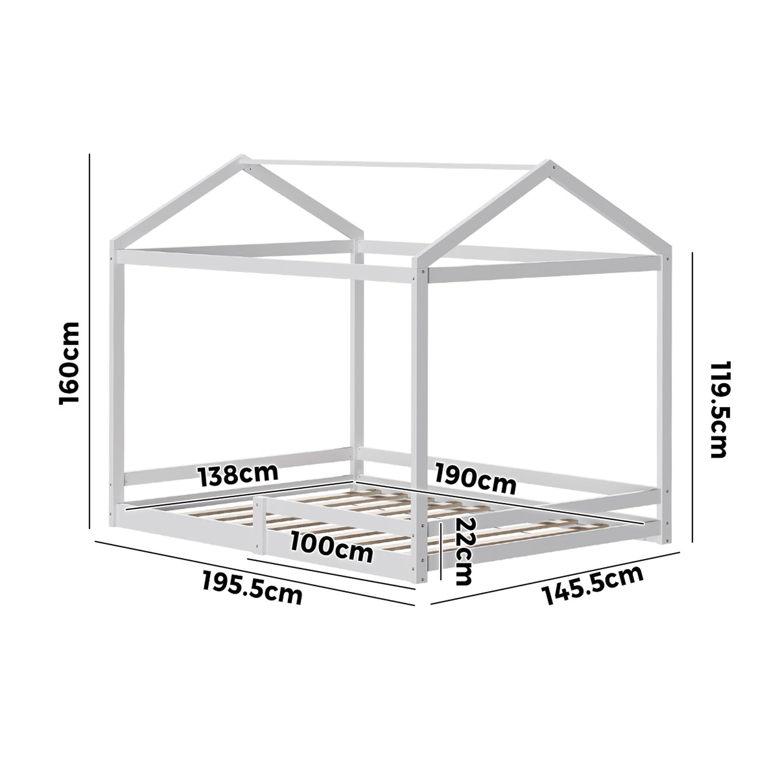 Oikiture Kids Wooden Bed Frame Timber House Beds Base with Fence Double White - Sunyee