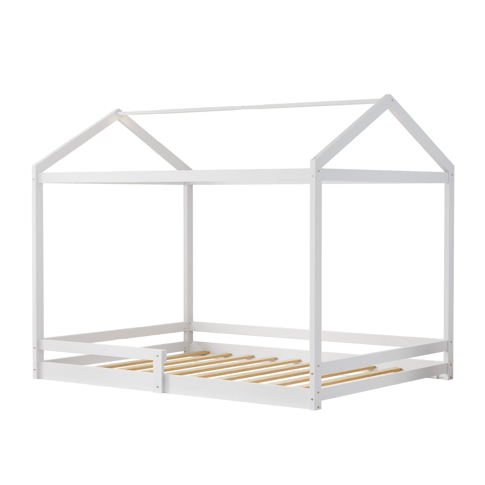 Oikiture Kids Wooden Bed Frame Timber House Beds Base with Fence Double White - Sunyee